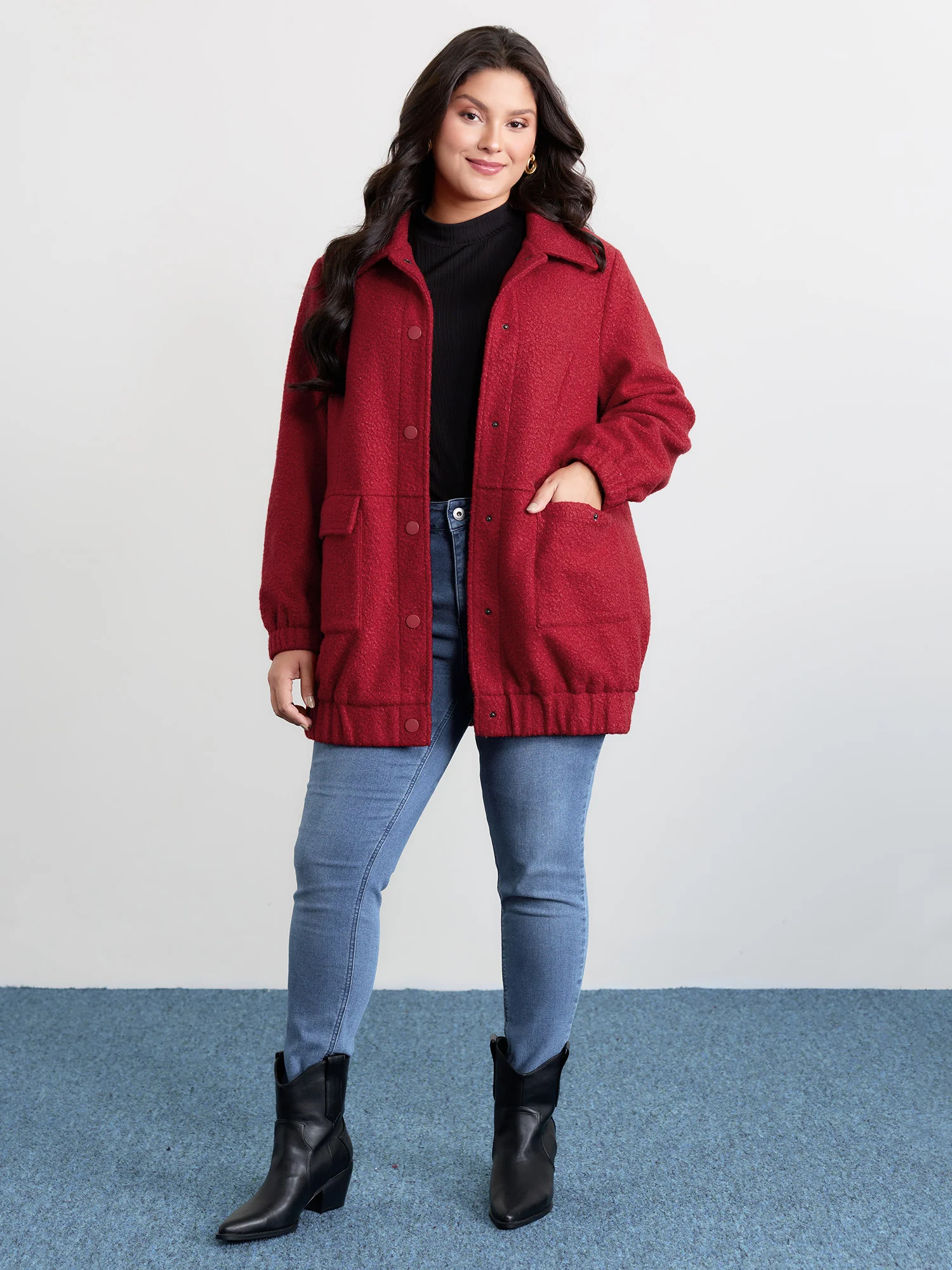 Textured Fuzzy Button Stretchy Hem Jacket - Image 2