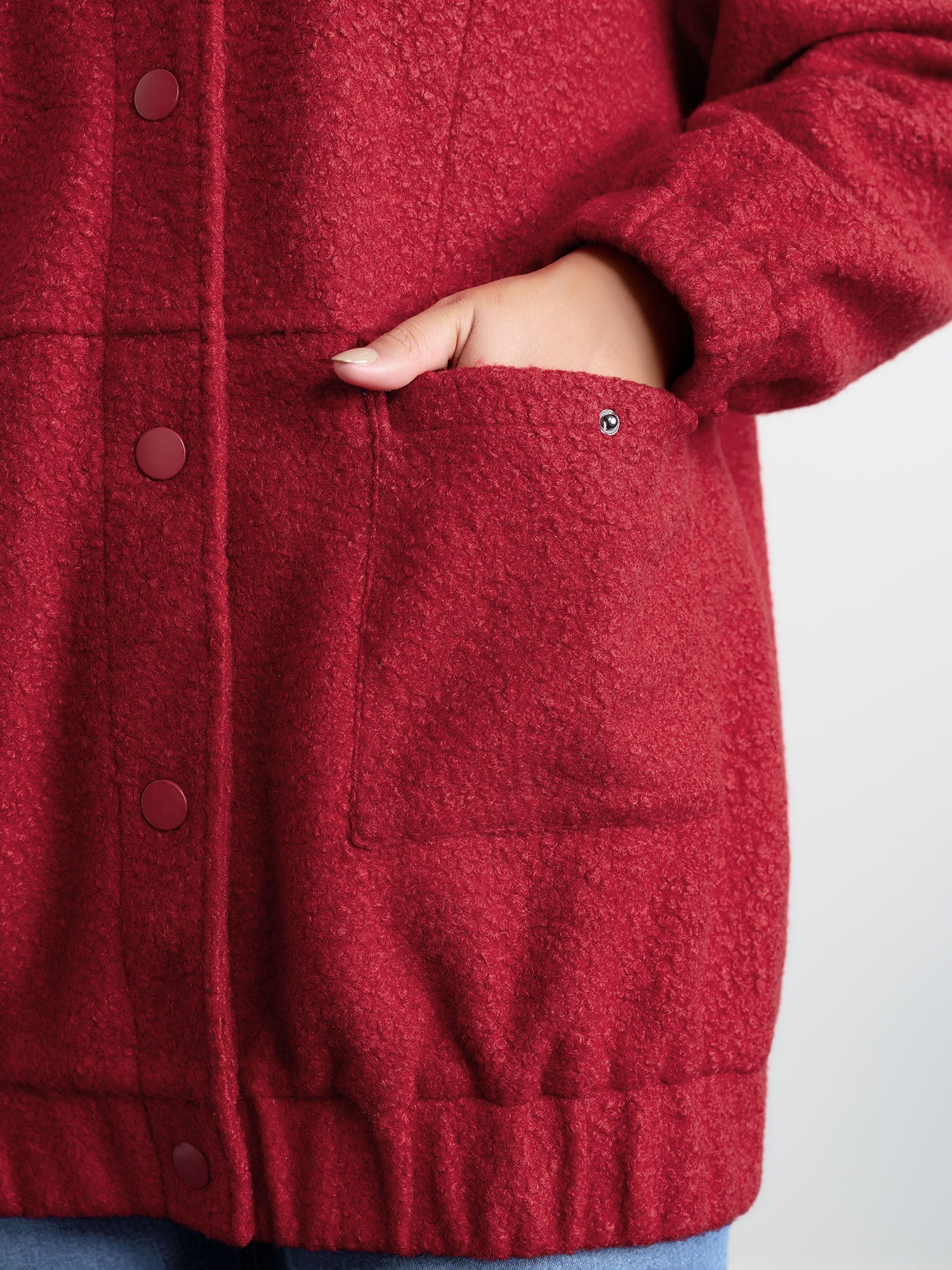 Textured Fuzzy Button Stretchy Hem Jacket - Image 4