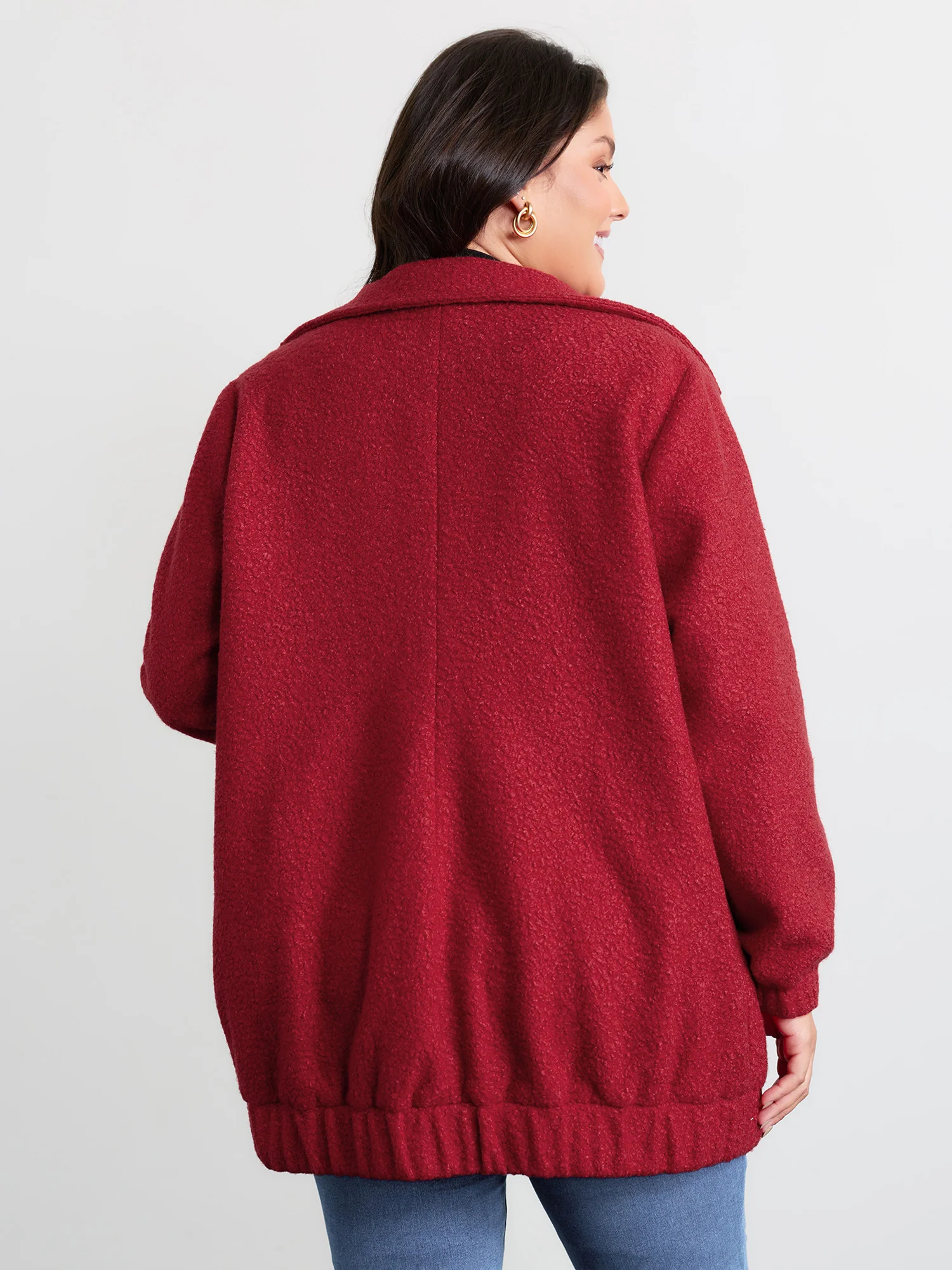 Textured Fuzzy Button Stretchy Hem Jacket - Image 5