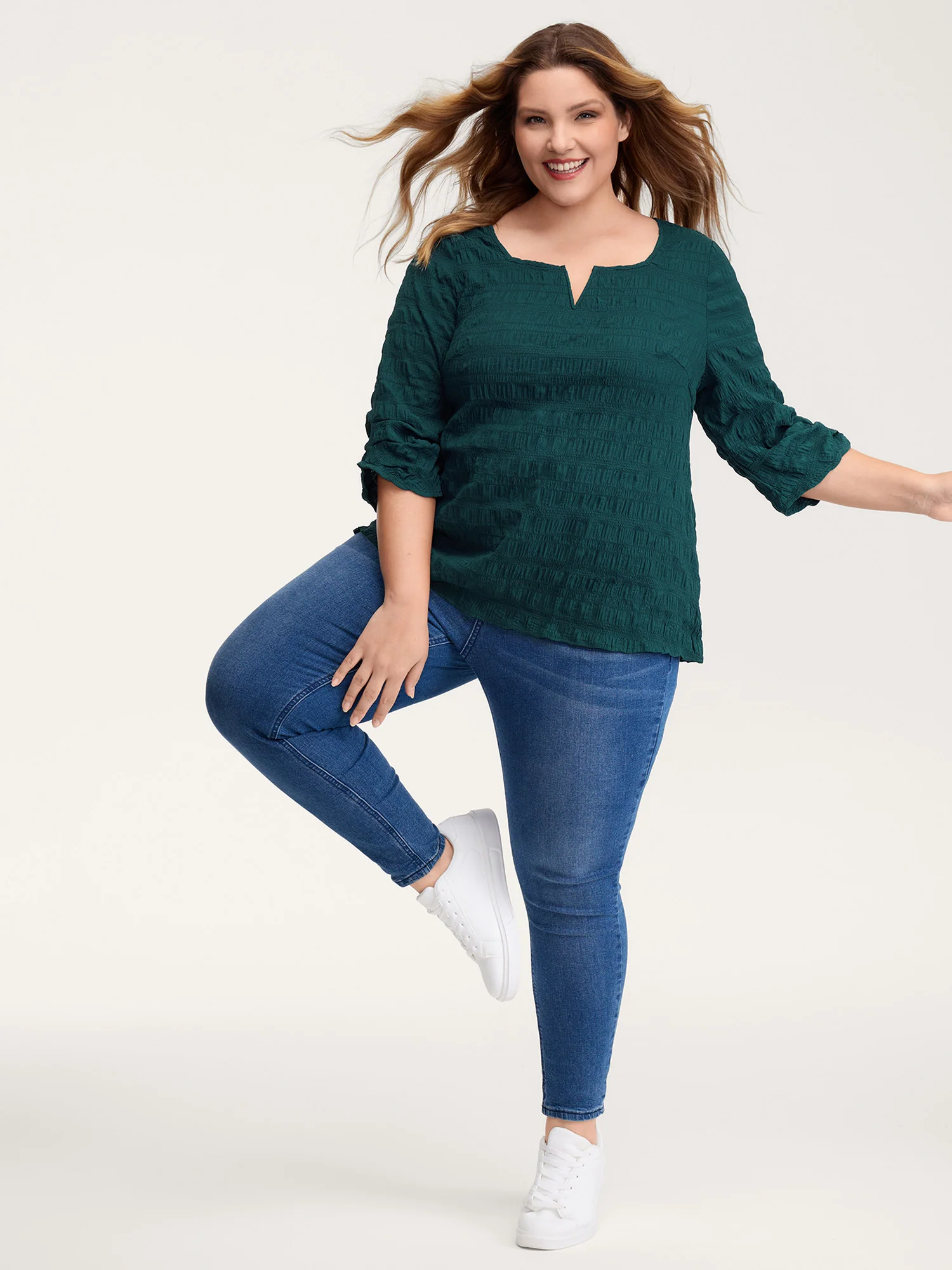 Textured Gathered Sleeve Solid Blouse - Image 2
