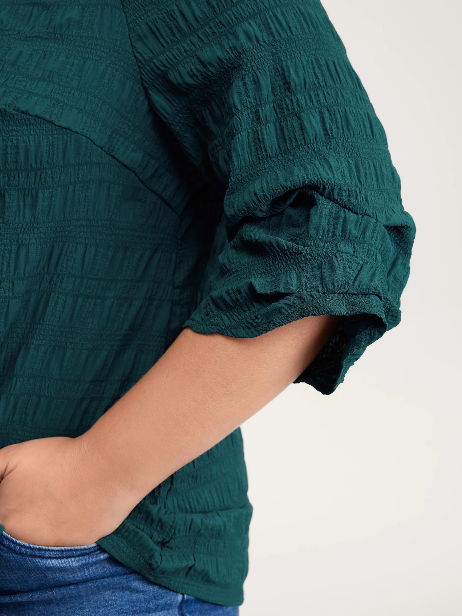 Textured Gathered Sleeve Solid Blouse - Image 3