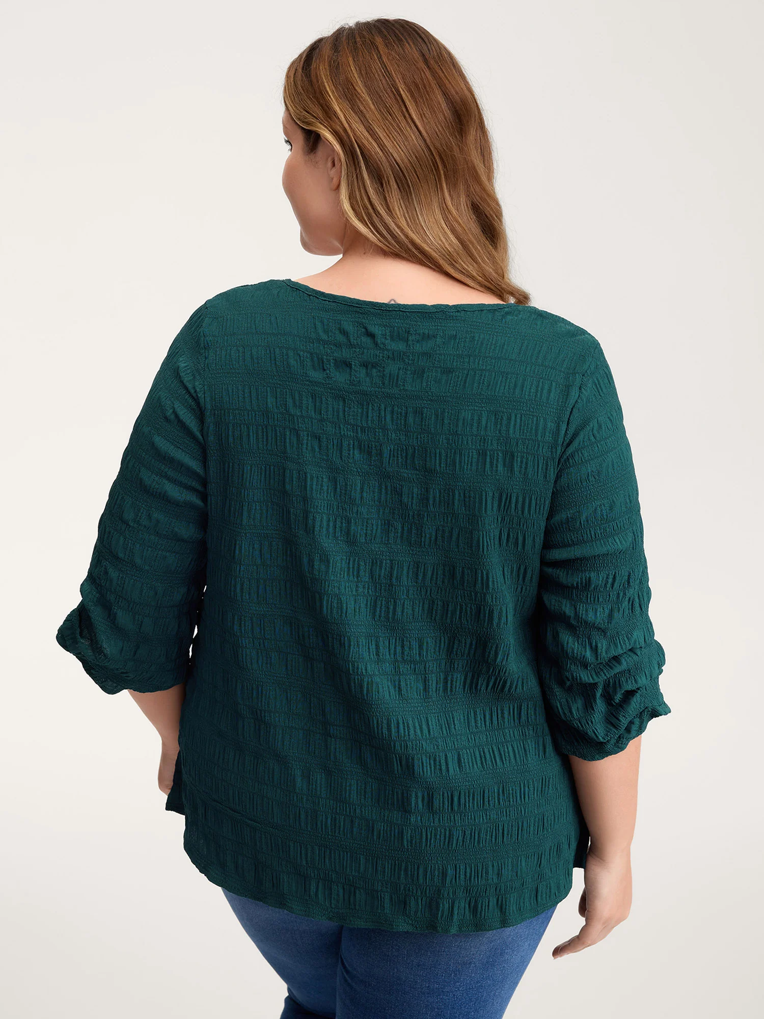 Textured Gathered Sleeve Solid Blouse - Image 4