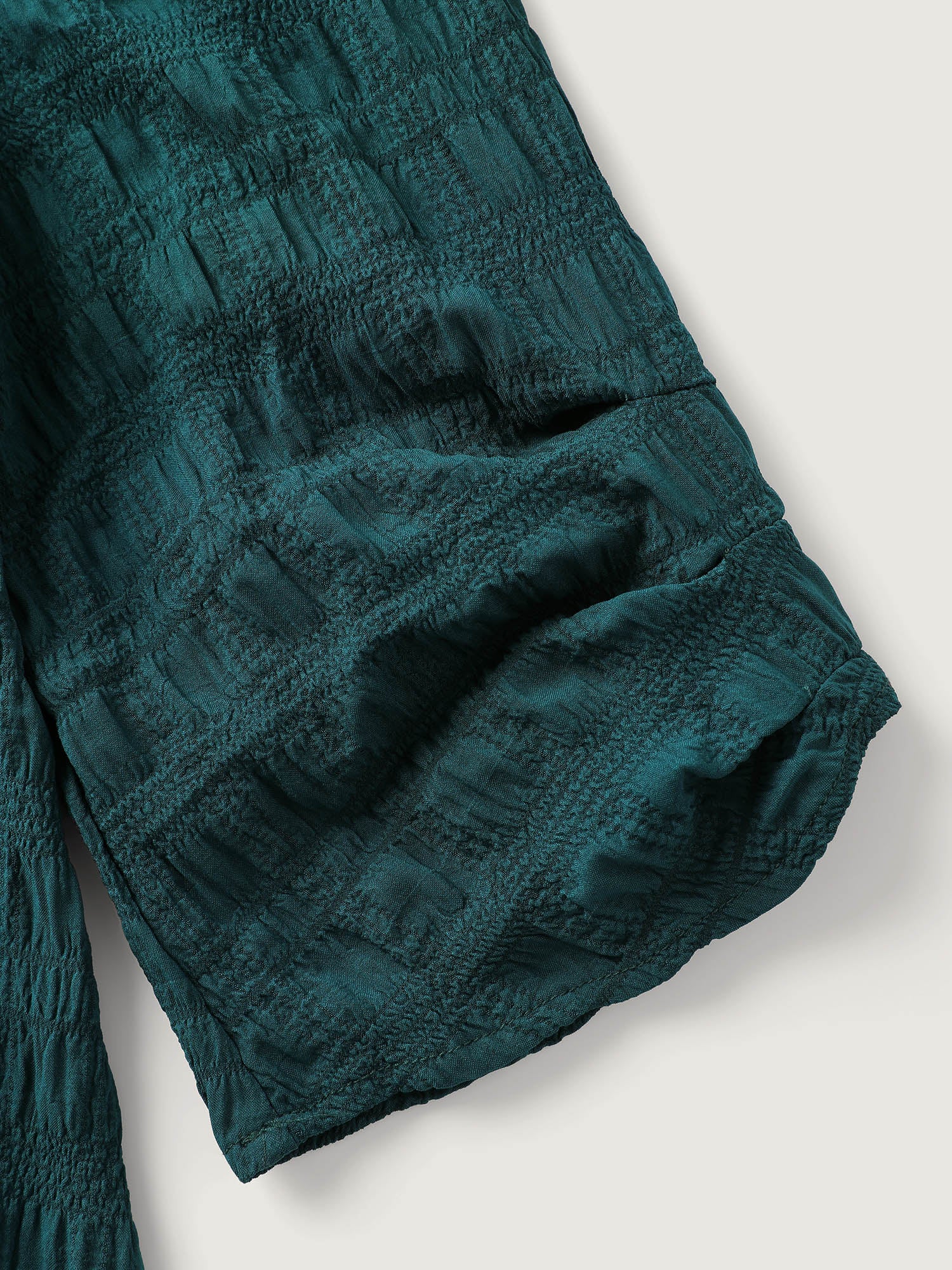 Textured Gathered Sleeve Solid Blouse - Image 6