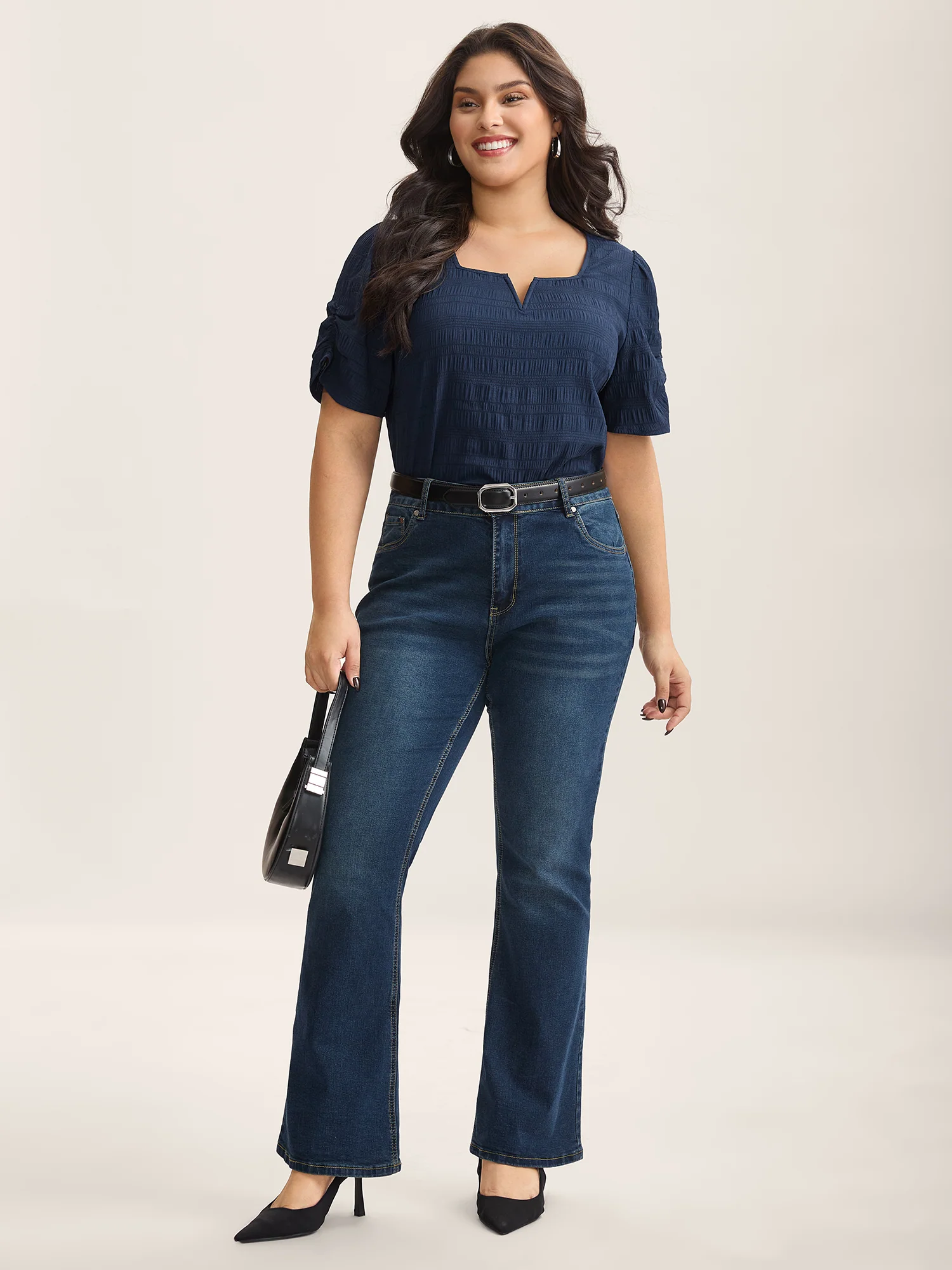 Textured Gathered Sleeve Split Neck Blouse - Image 11