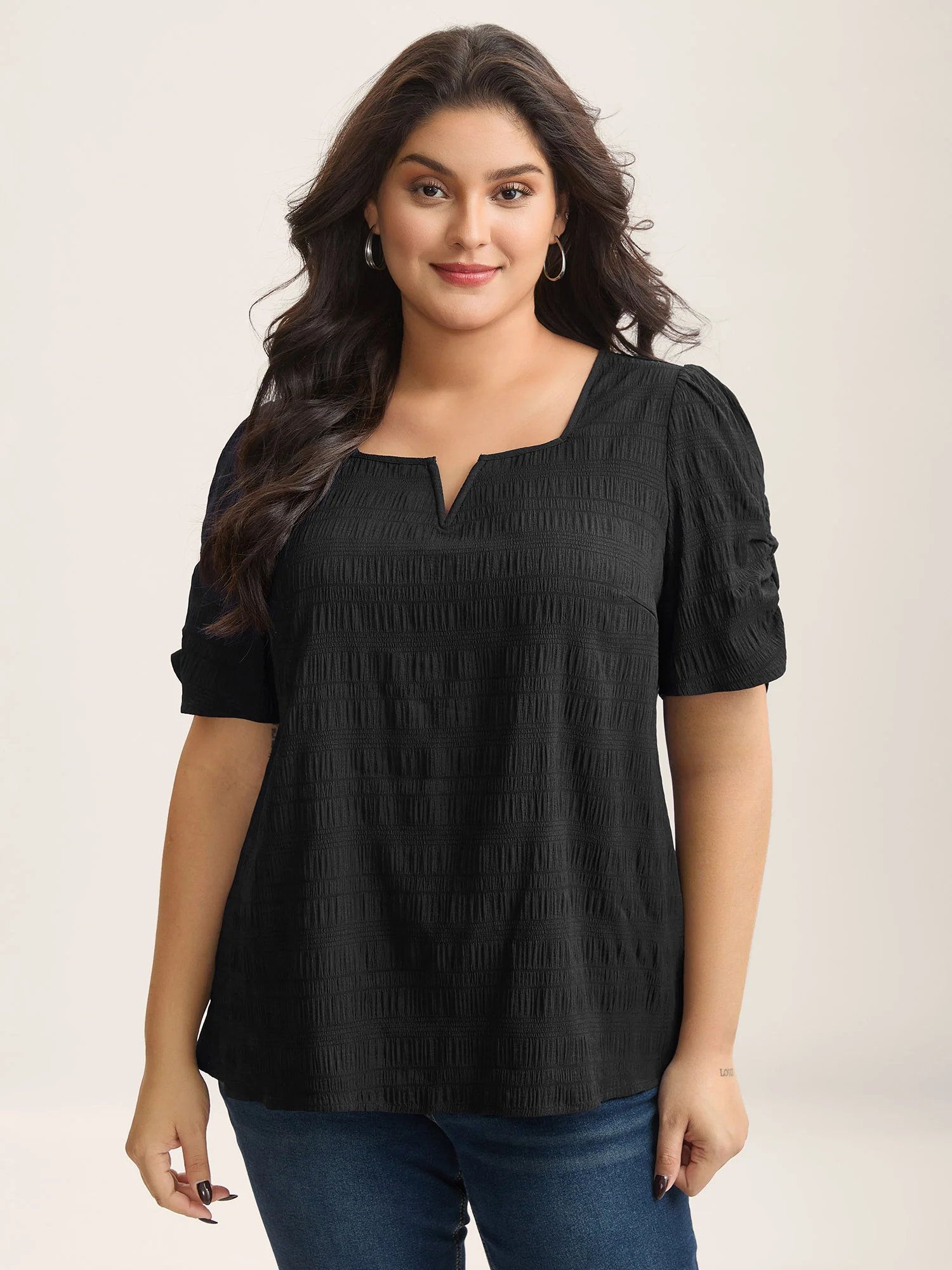 Textured Gathered Sleeve Split Neck Blouse - Image 16