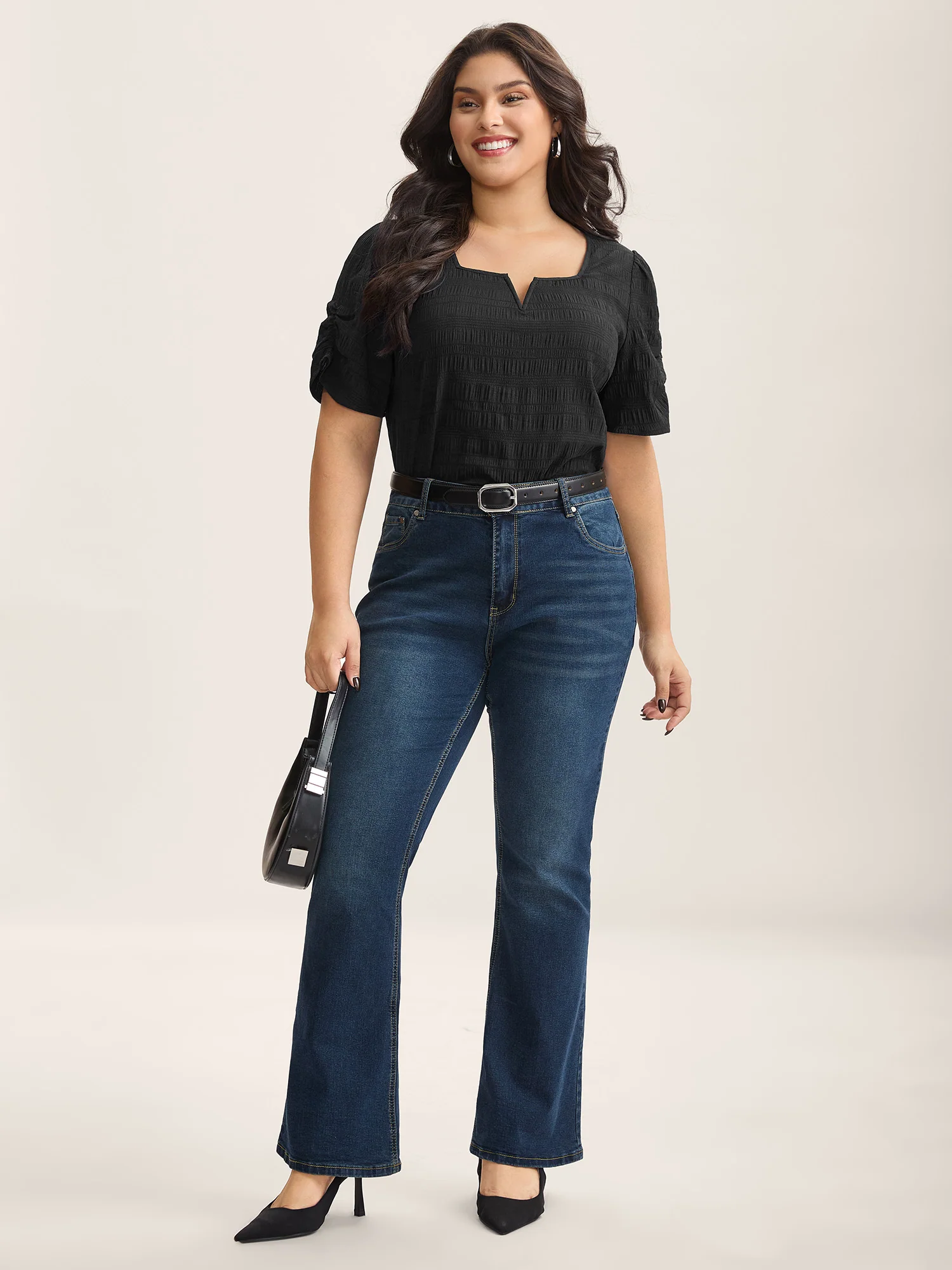 Textured Gathered Sleeve Split Neck Blouse - Image 18
