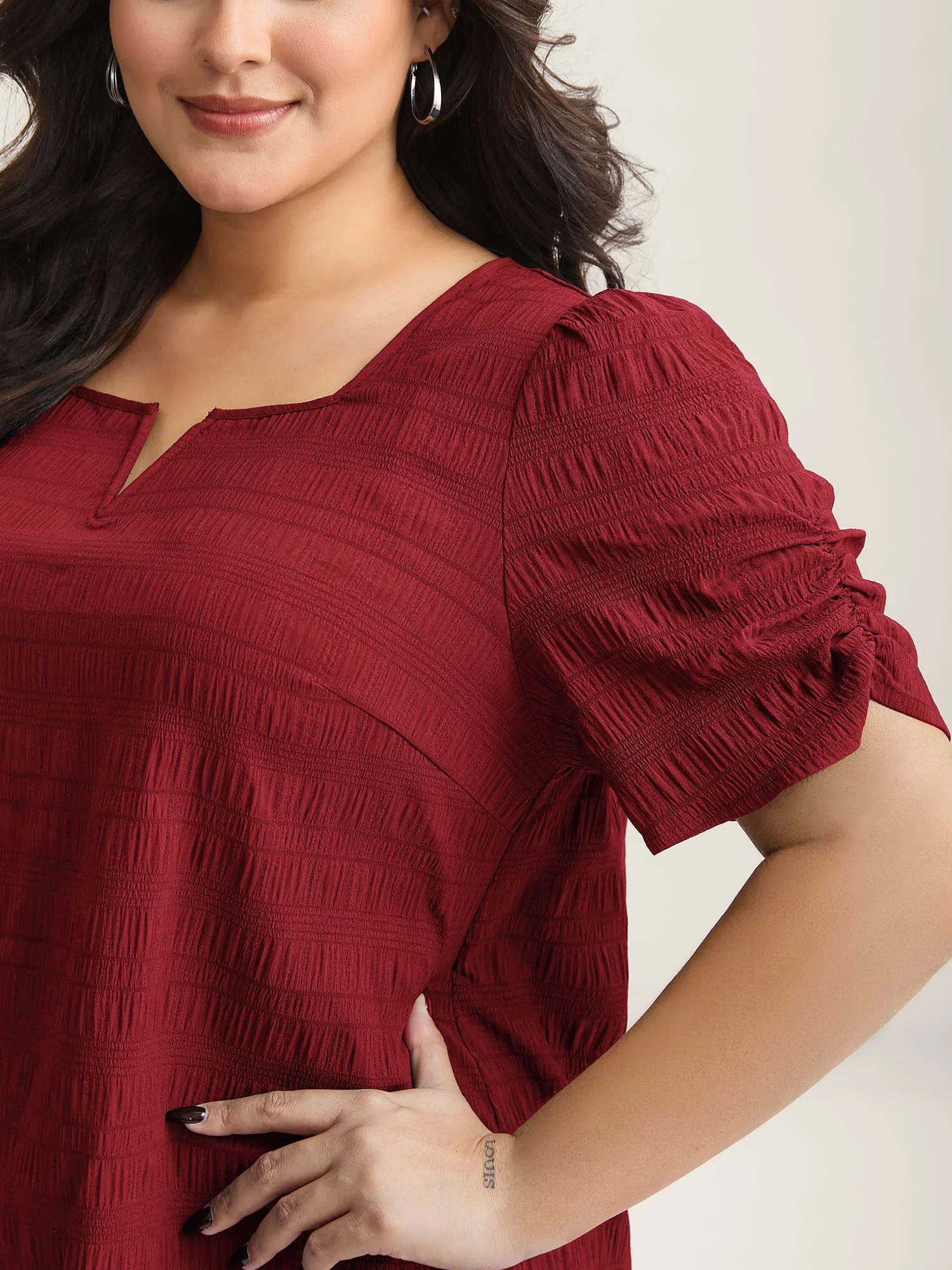 Textured Gathered Sleeve Split Neck Blouse - Image 2