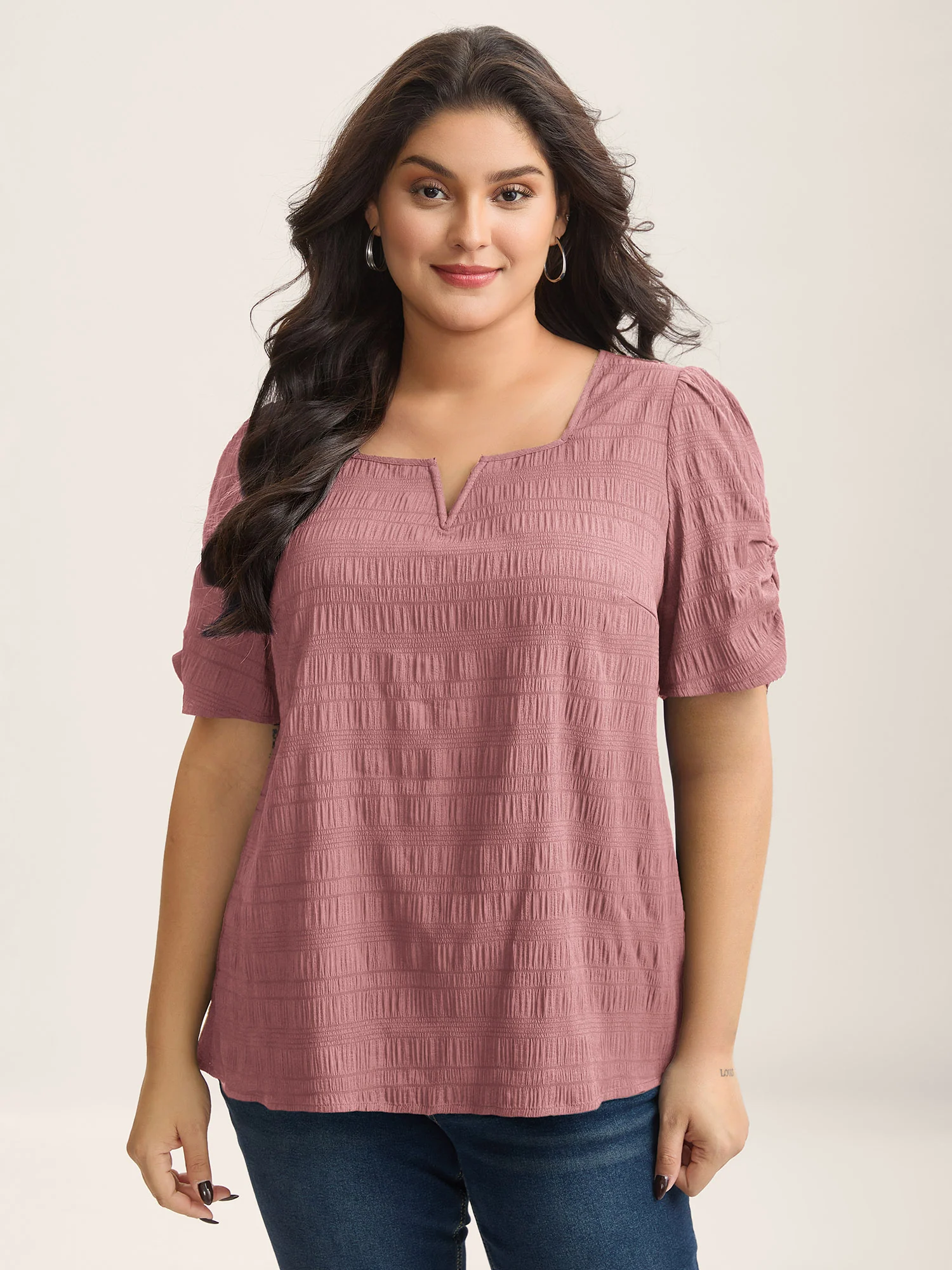 Textured Gathered Sleeve Split Neck Blouse - Image 20