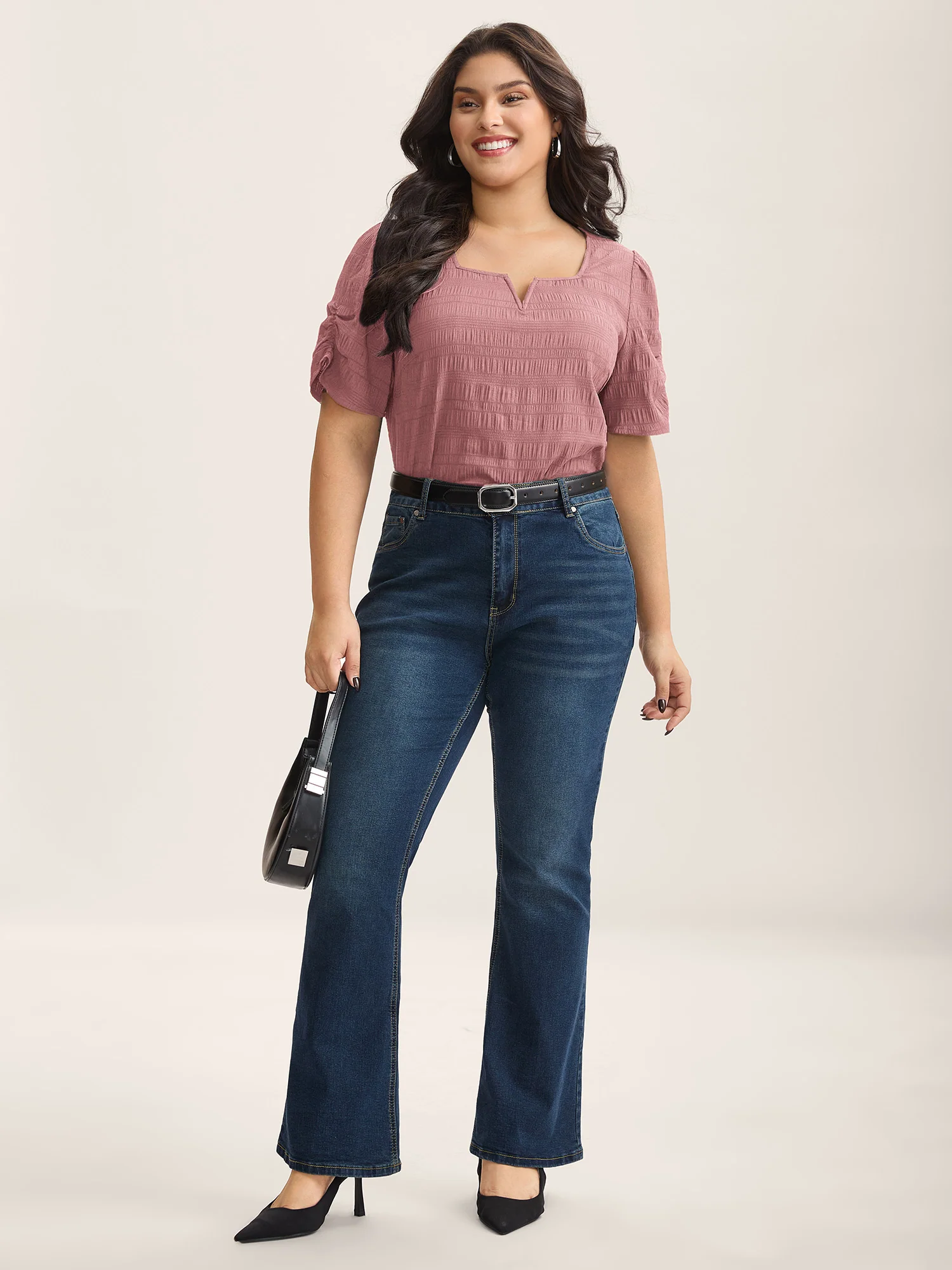Textured Gathered Sleeve Split Neck Blouse - Image 22
