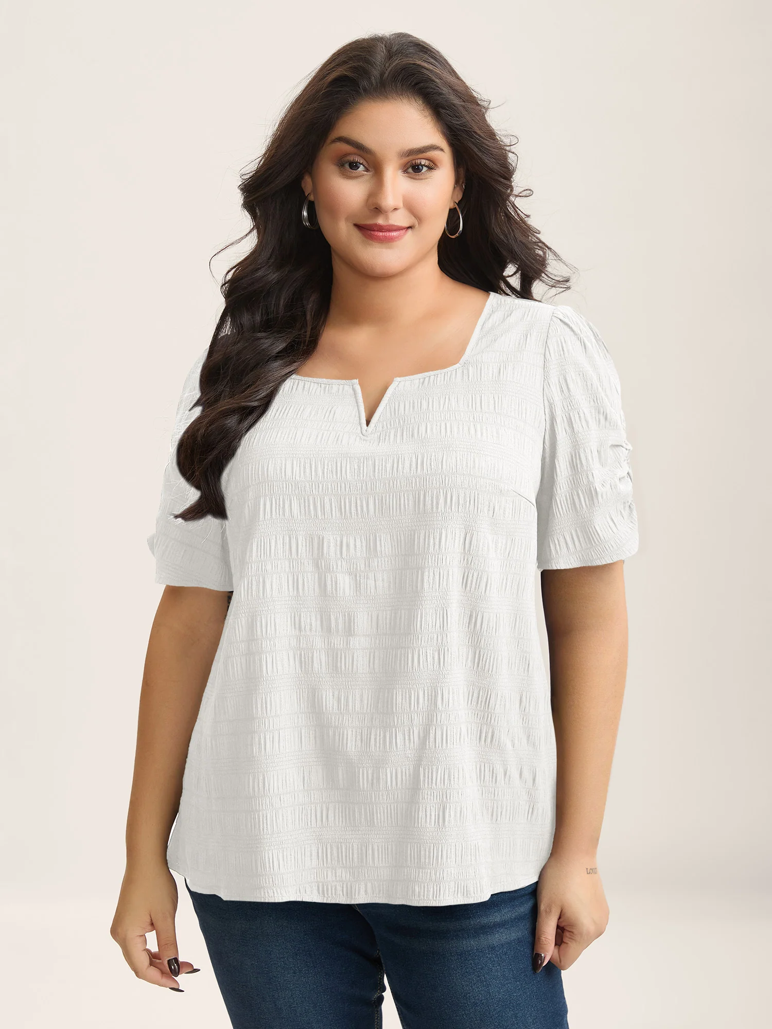 Textured Gathered Sleeve Split Neck Blouse - Image 24