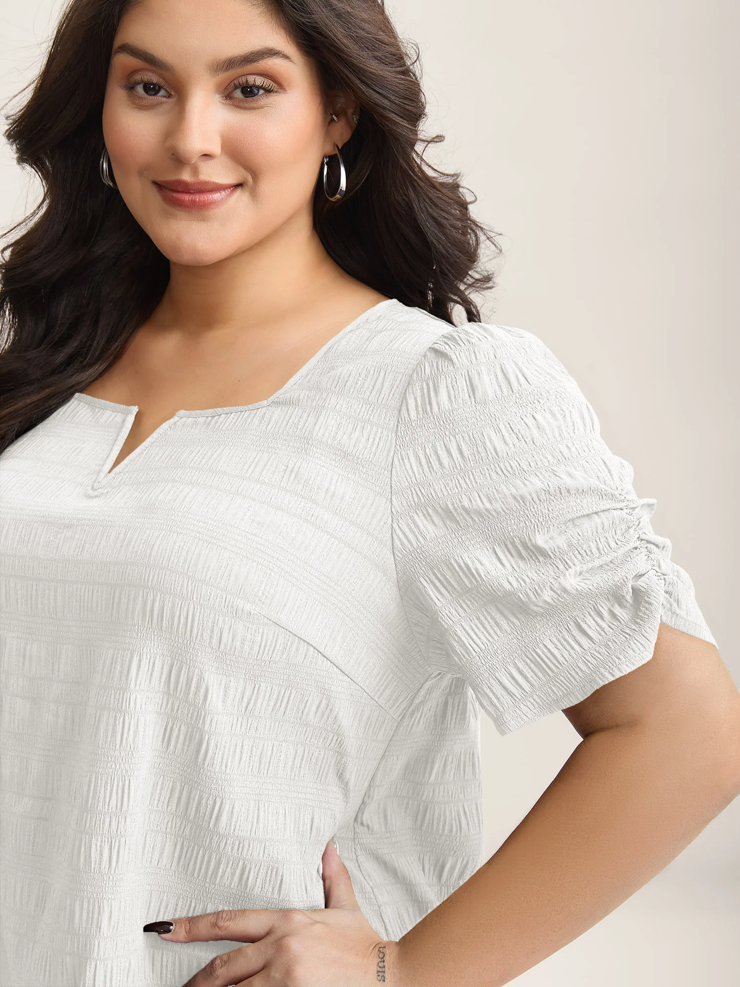 Textured Gathered Sleeve Split Neck Blouse - Image 25