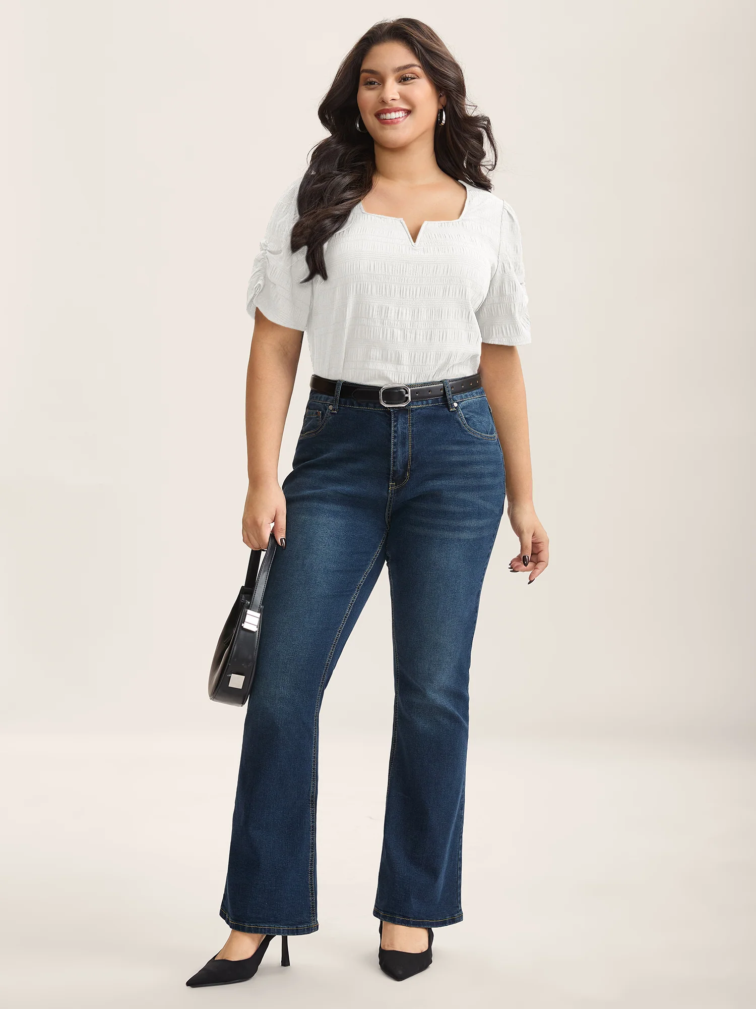 Textured Gathered Sleeve Split Neck Blouse - Image 26