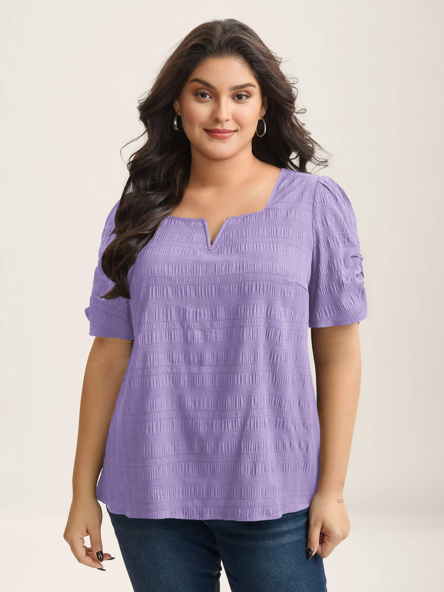 Textured Gathered Sleeve Split Neck Blouse - Image 28