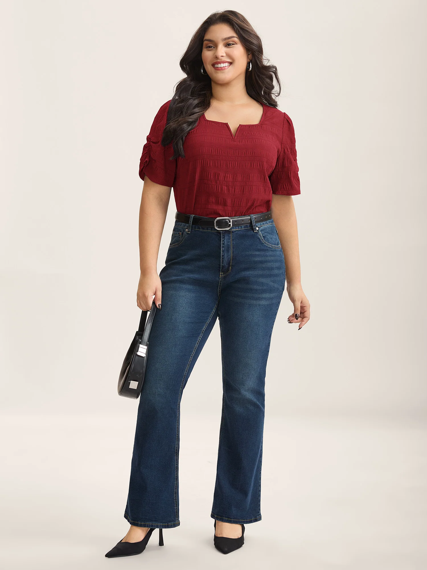 Textured Gathered Sleeve Split Neck Blouse - Image 3