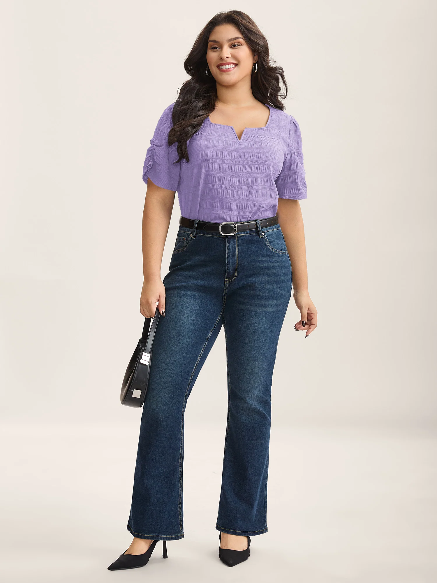 Textured Gathered Sleeve Split Neck Blouse - Image 30