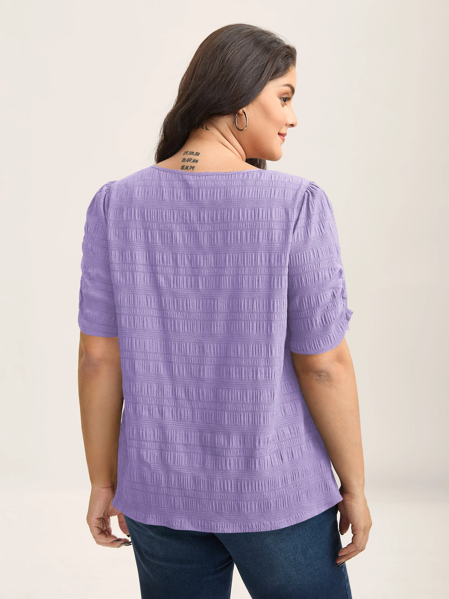 Textured Gathered Sleeve Split Neck Blouse - Image 31