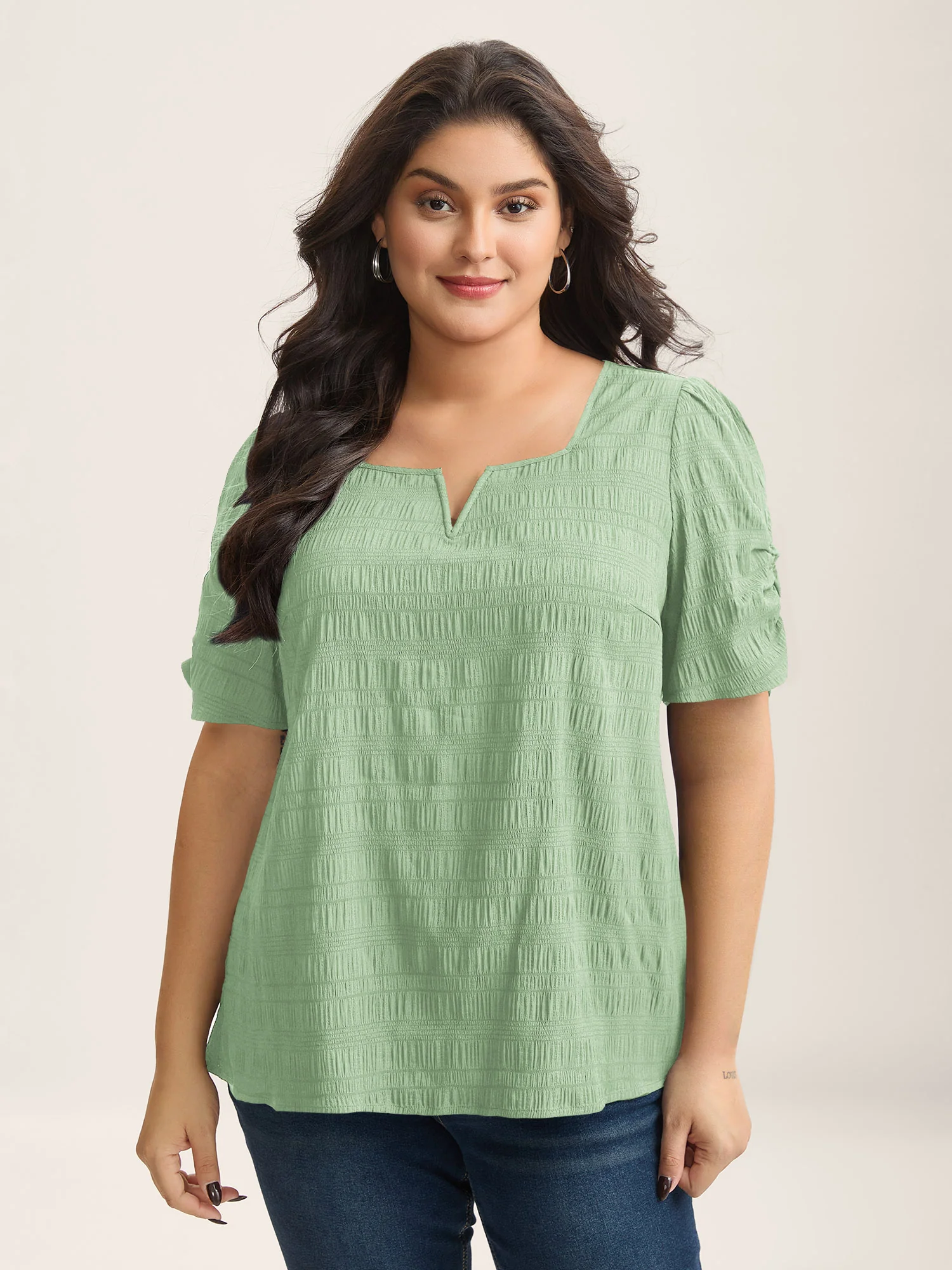 Textured Gathered Sleeve Split Neck Blouse - Image 32