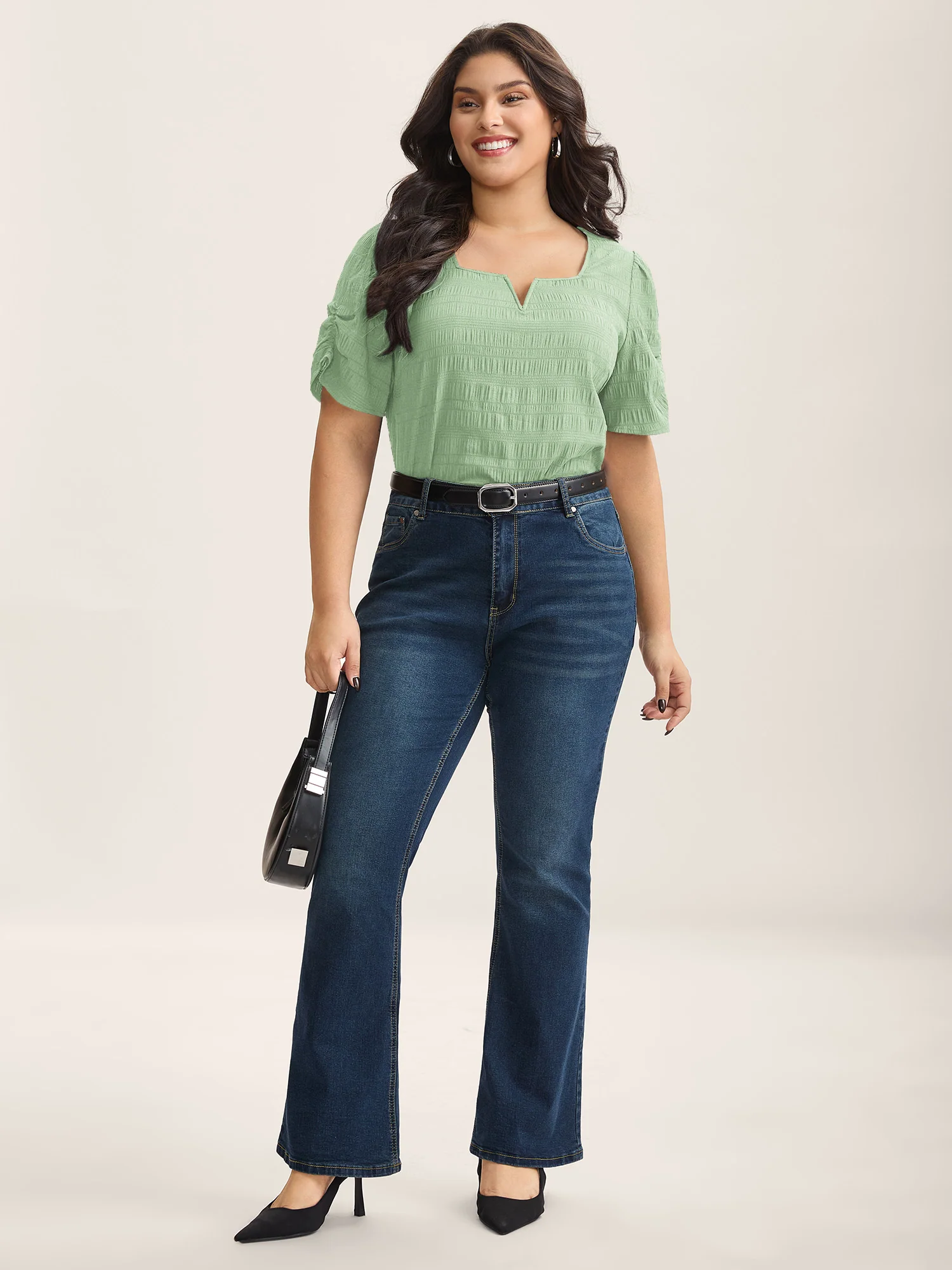 Textured Gathered Sleeve Split Neck Blouse - Image 34