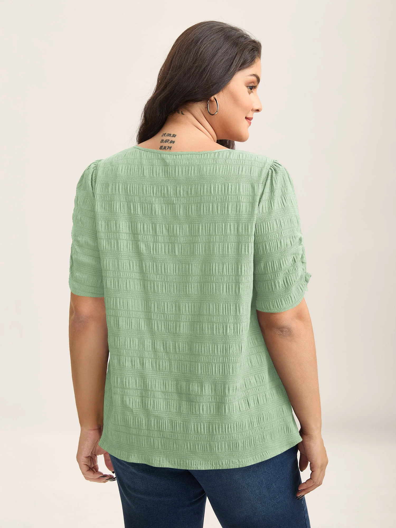 Textured Gathered Sleeve Split Neck Blouse - Image 35