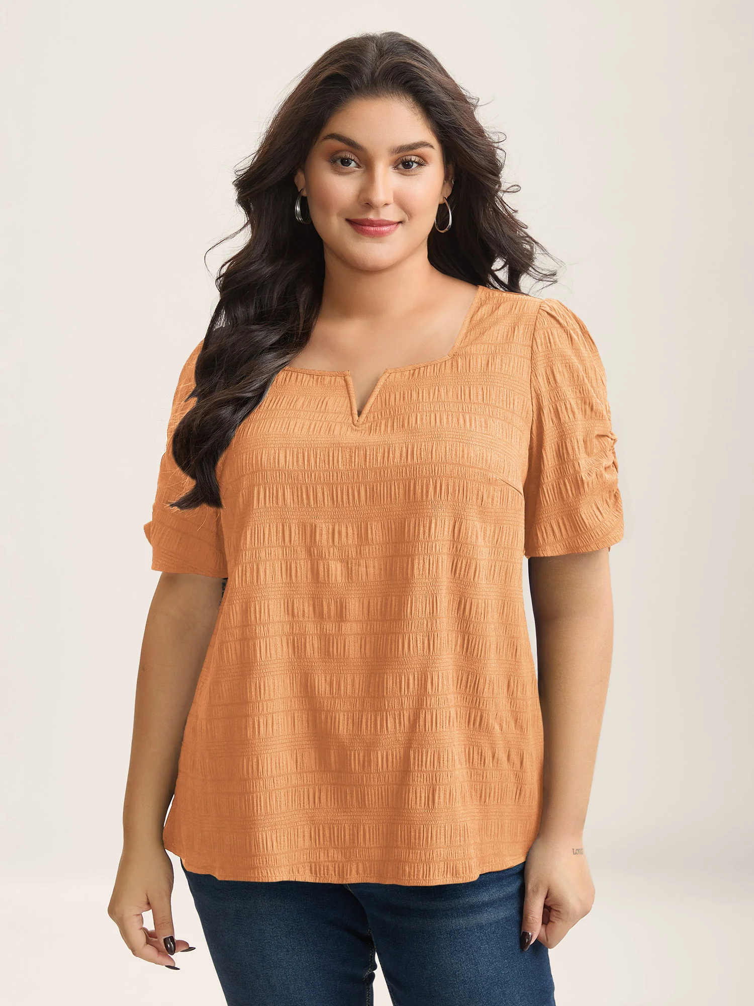 Textured Gathered Sleeve Split Neck Blouse - Image 36