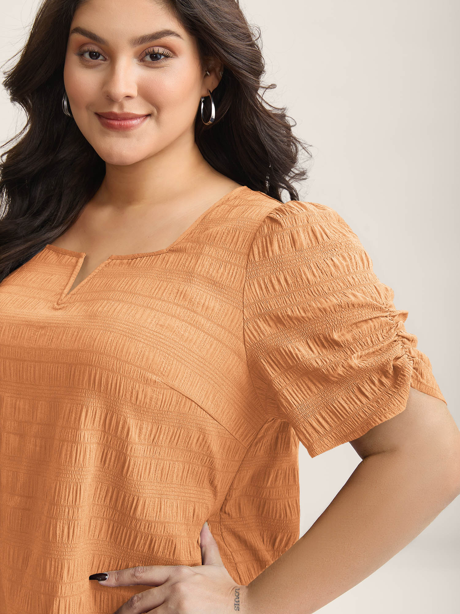 Textured Gathered Sleeve Split Neck Blouse - Image 37
