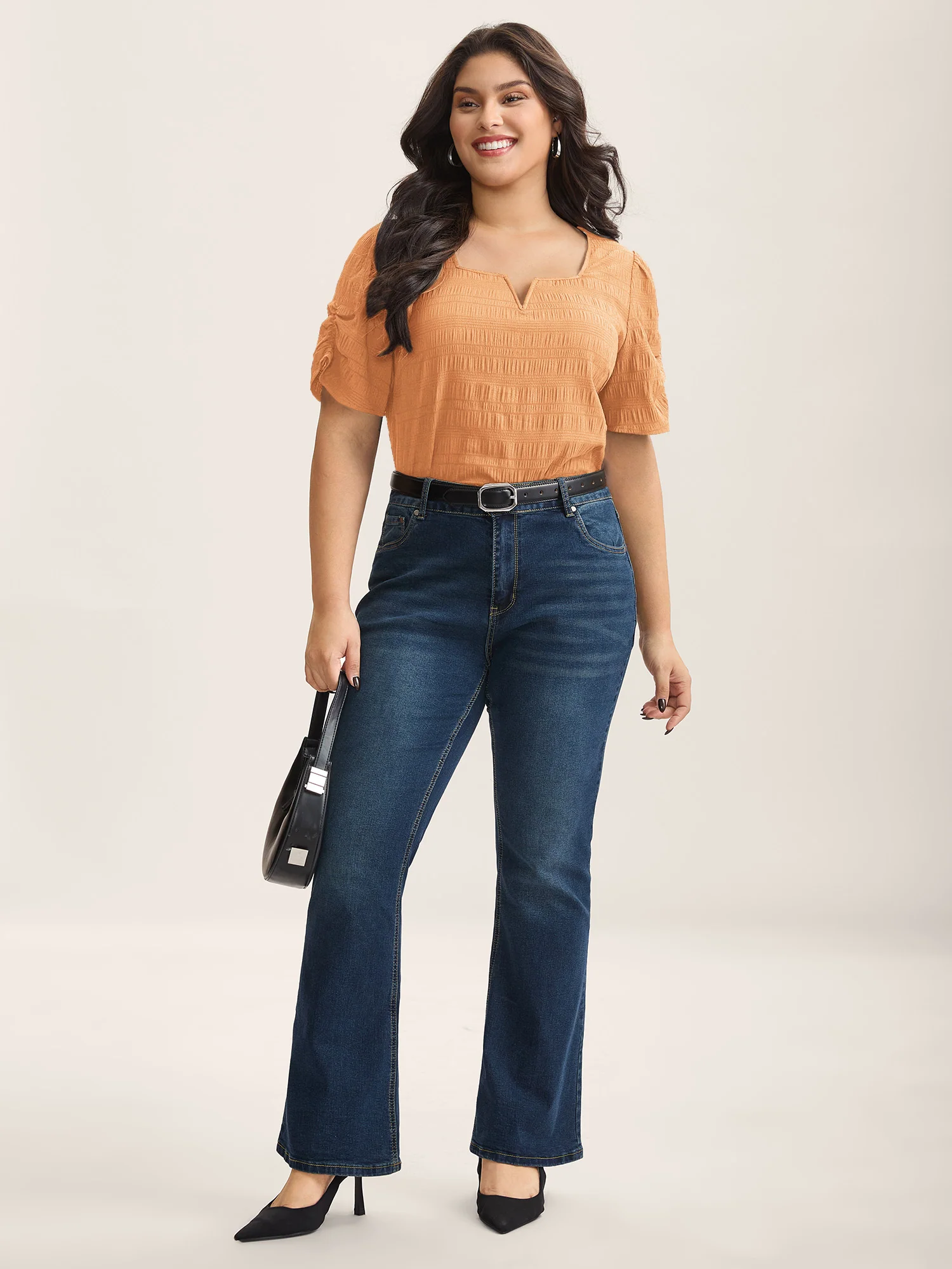 Textured Gathered Sleeve Split Neck Blouse - Image 38