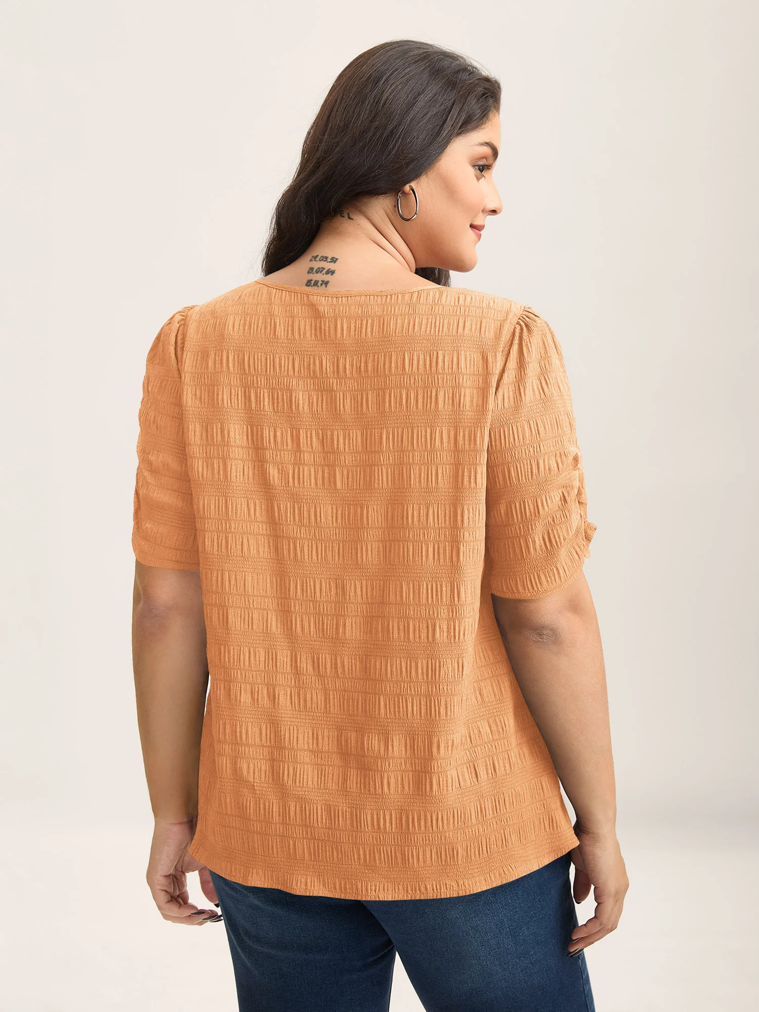 Textured Gathered Sleeve Split Neck Blouse - Image 39