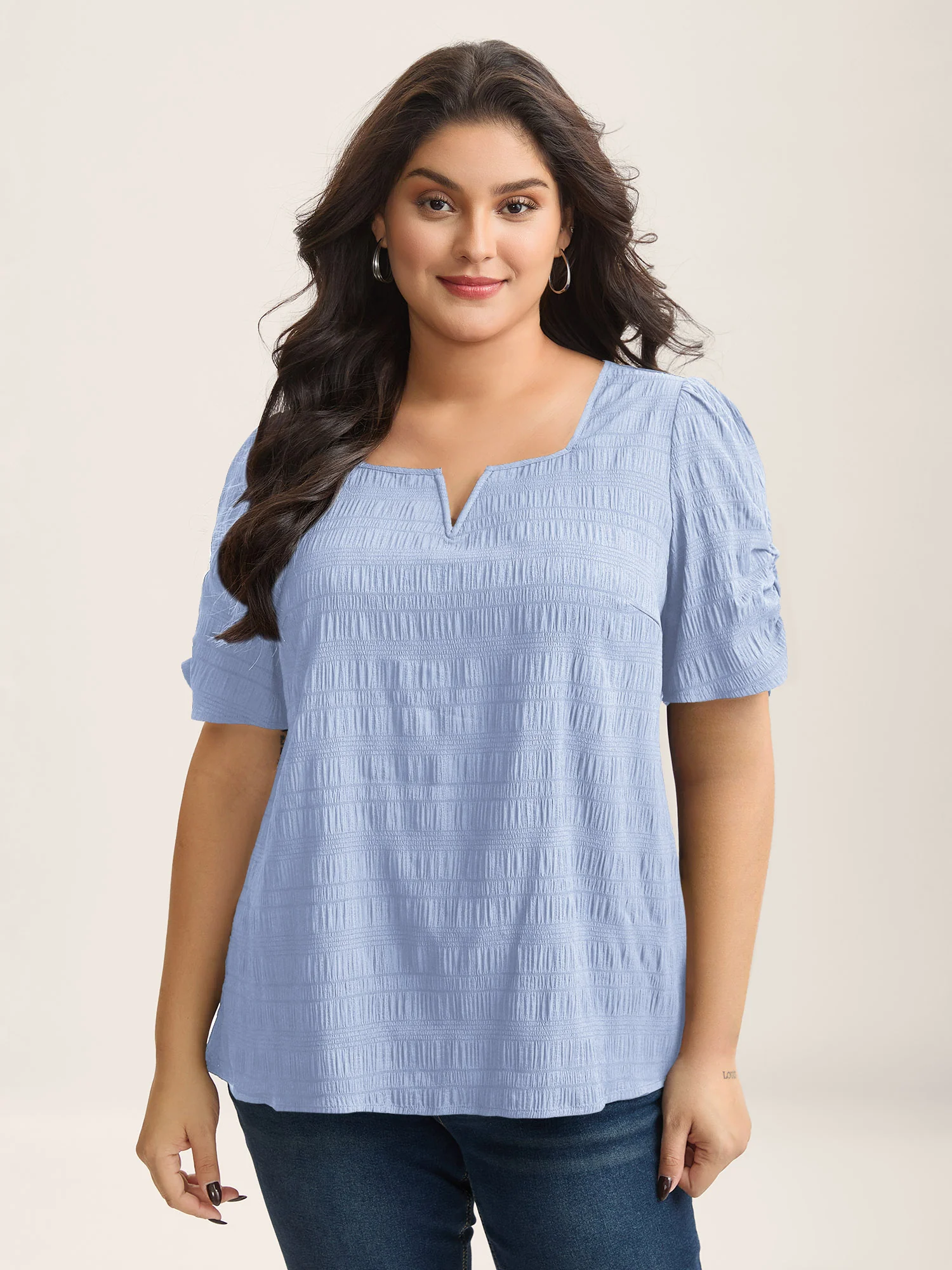 Textured Gathered Sleeve Split Neck Blouse - Image 40