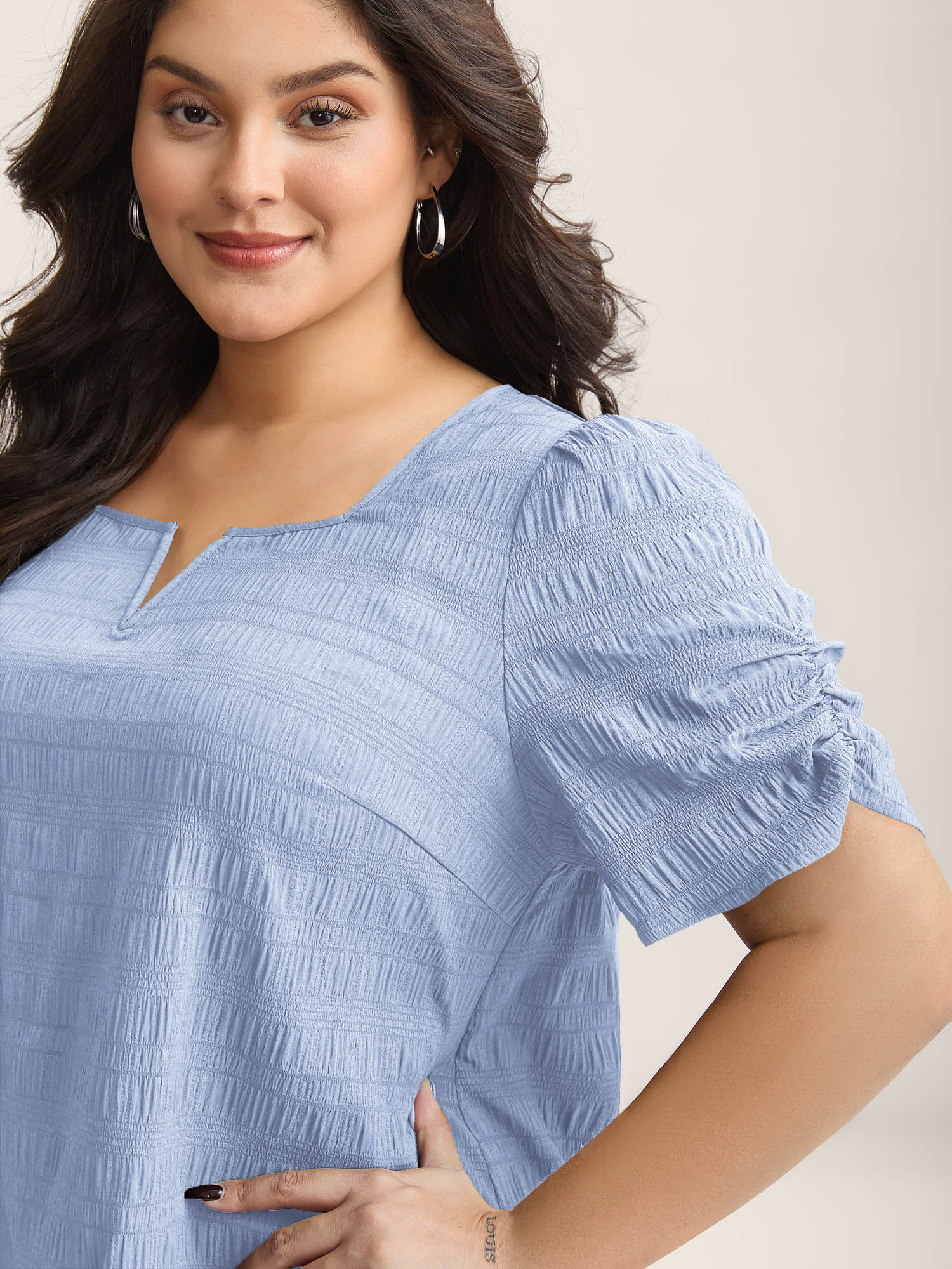 Textured Gathered Sleeve Split Neck Blouse - Image 41