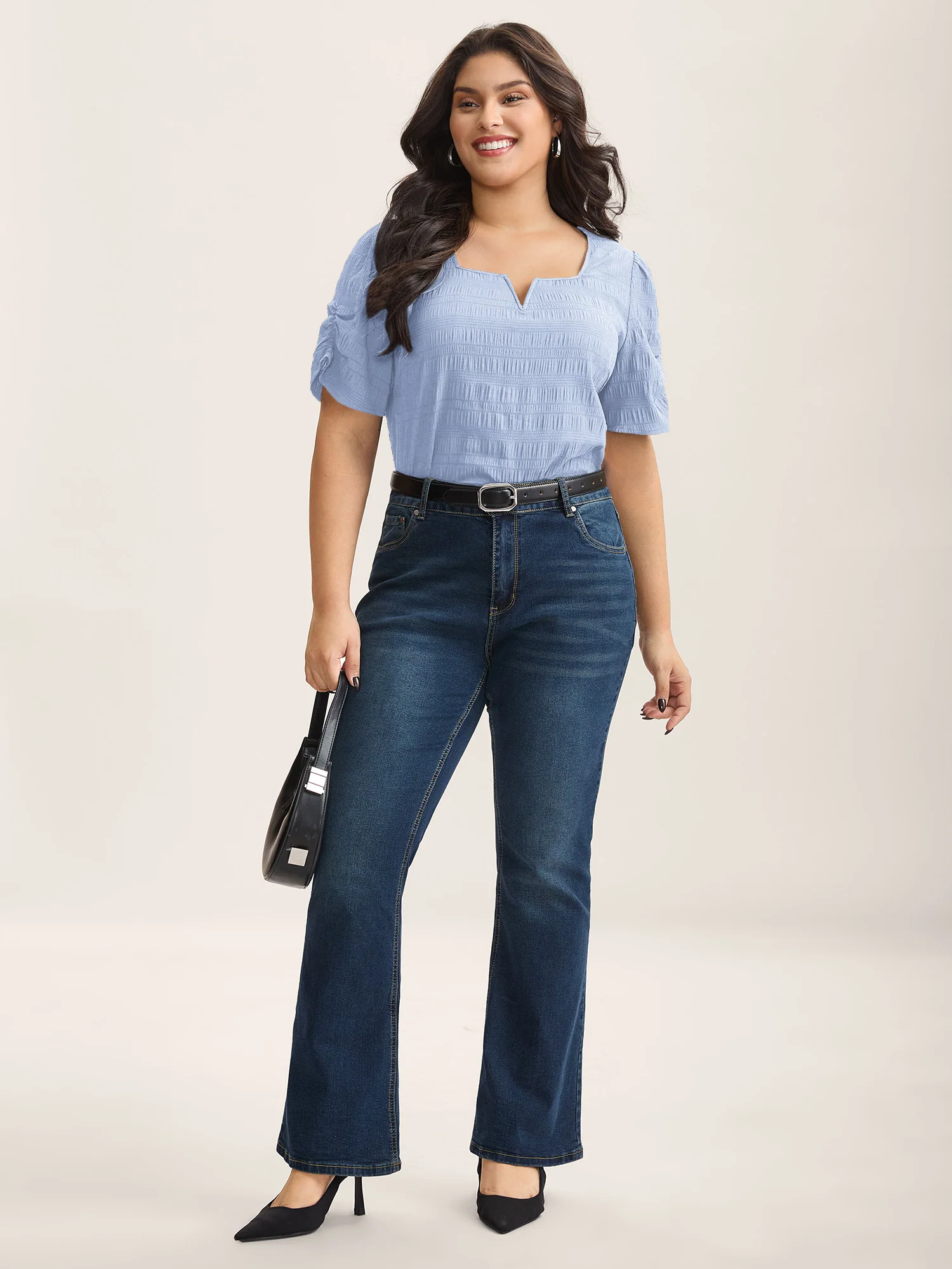 Textured Gathered Sleeve Split Neck Blouse - Image 42