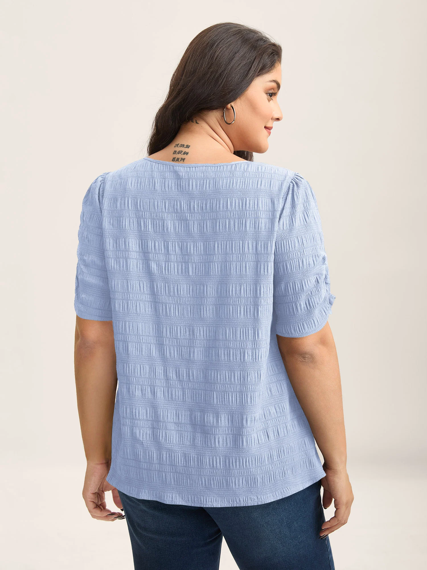 Textured Gathered Sleeve Split Neck Blouse - Image 43