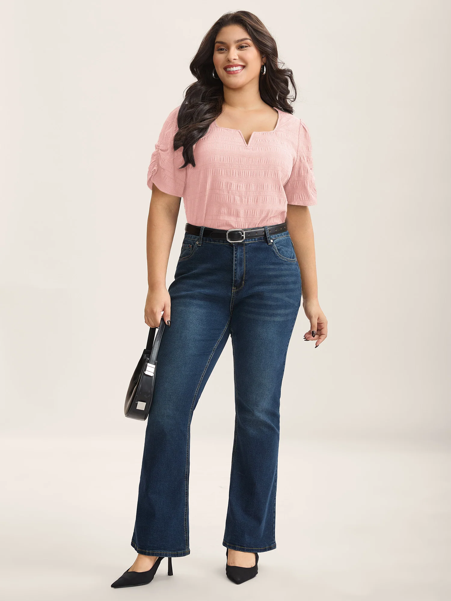 Textured Gathered Sleeve Split Neck Blouse - Image 46