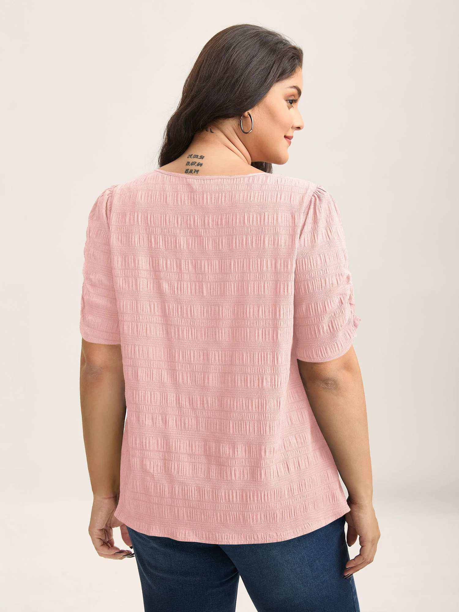 Textured Gathered Sleeve Split Neck Blouse - Image 47