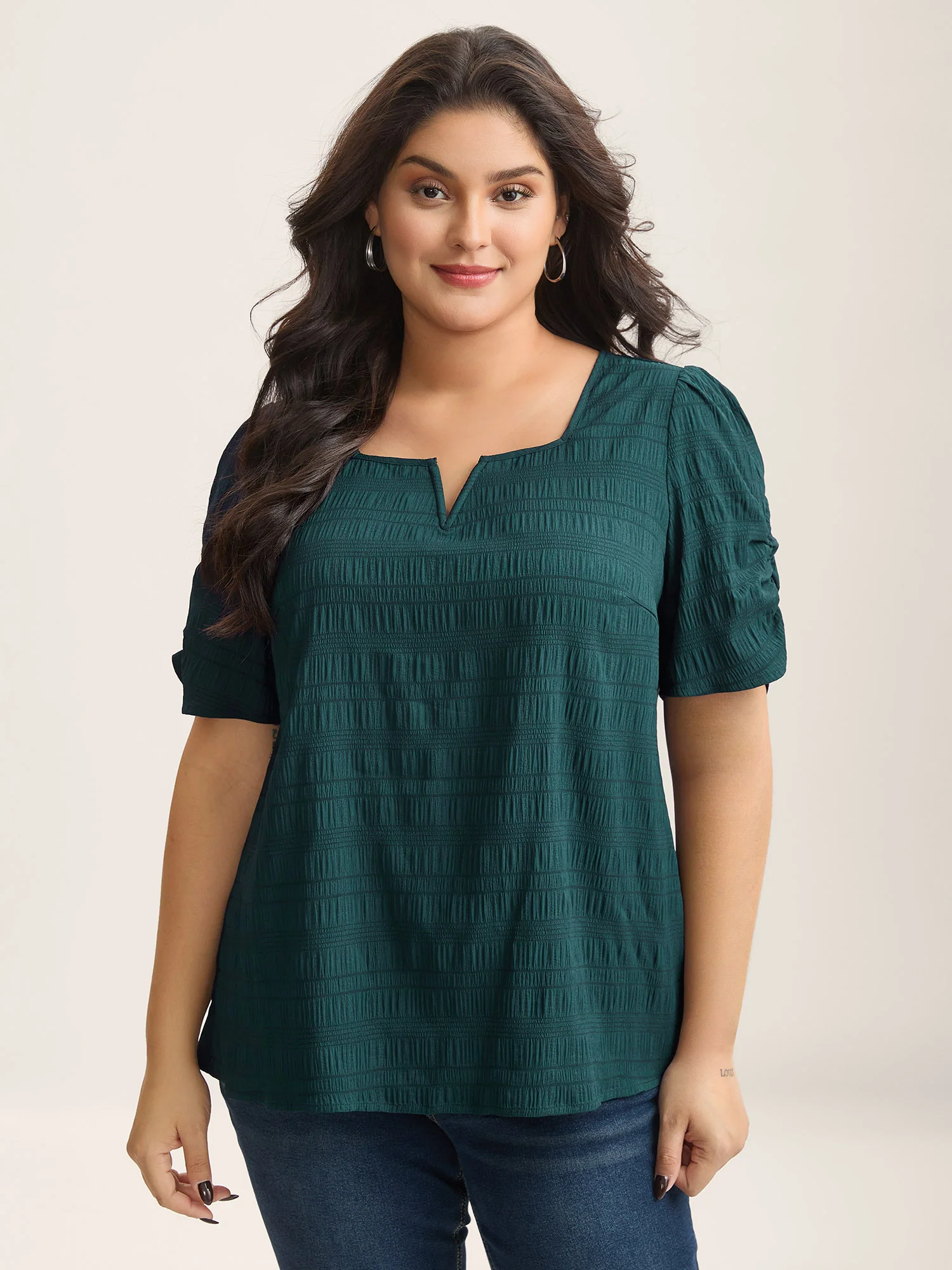 Textured Gathered Sleeve Split Neck Blouse - Image 5