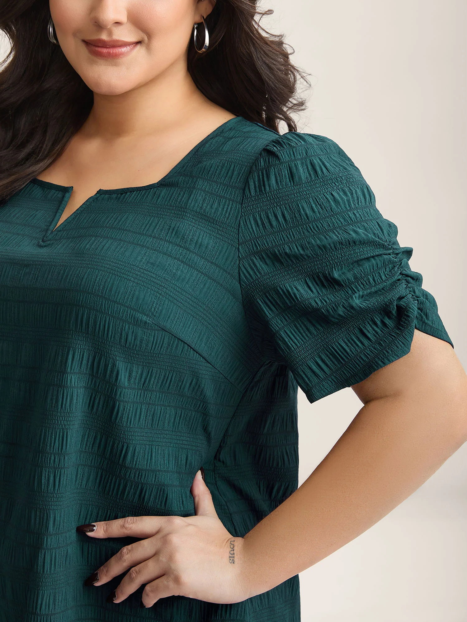 Textured Gathered Sleeve Split Neck Blouse - Image 6