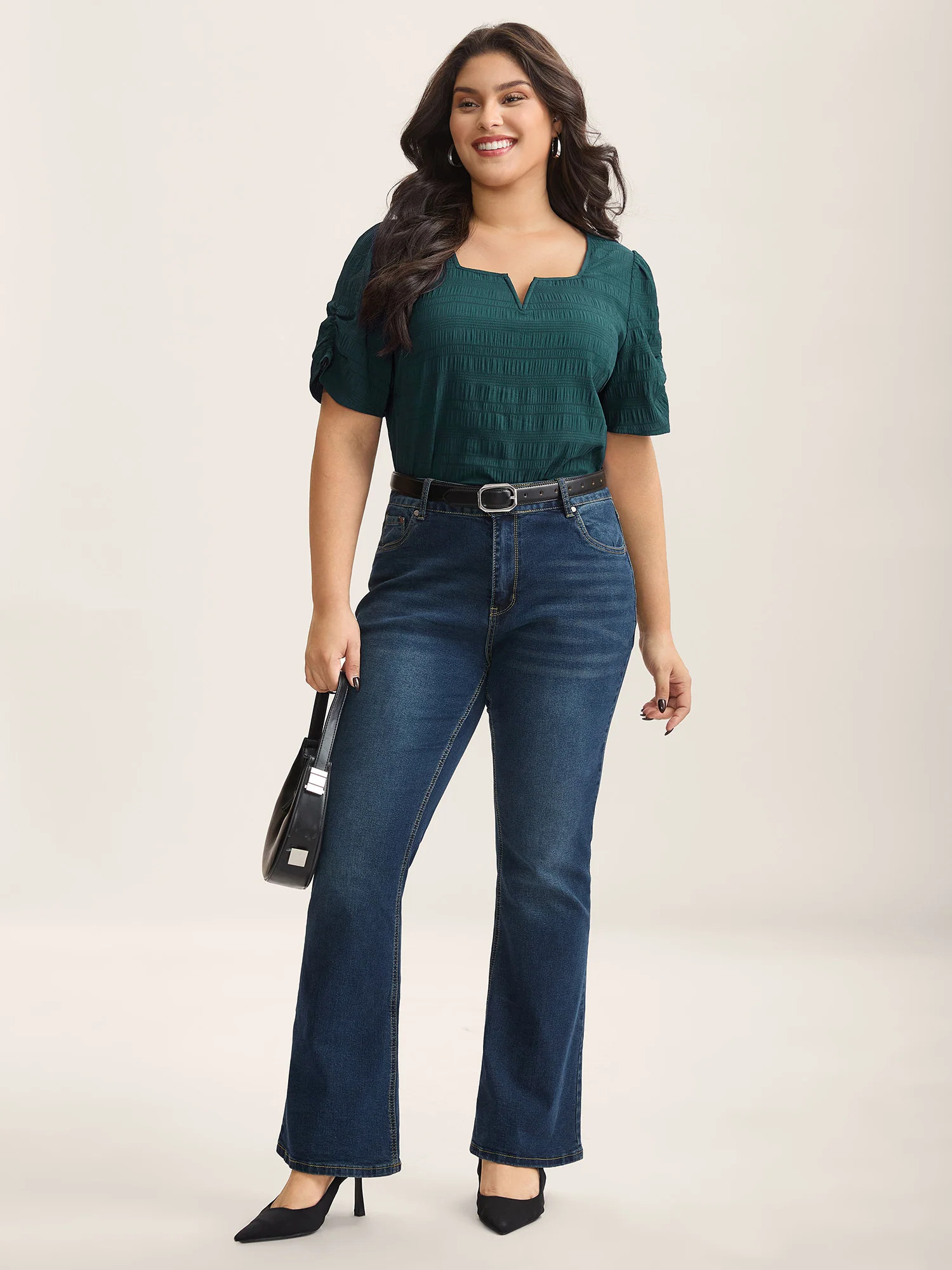 Textured Gathered Sleeve Split Neck Blouse - Image 7