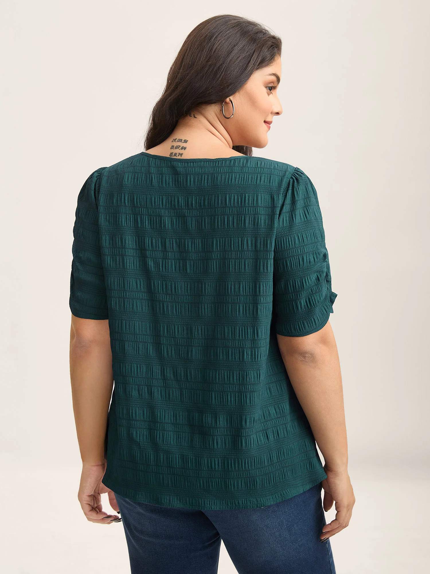 Textured Gathered Sleeve Split Neck Blouse - Image 8