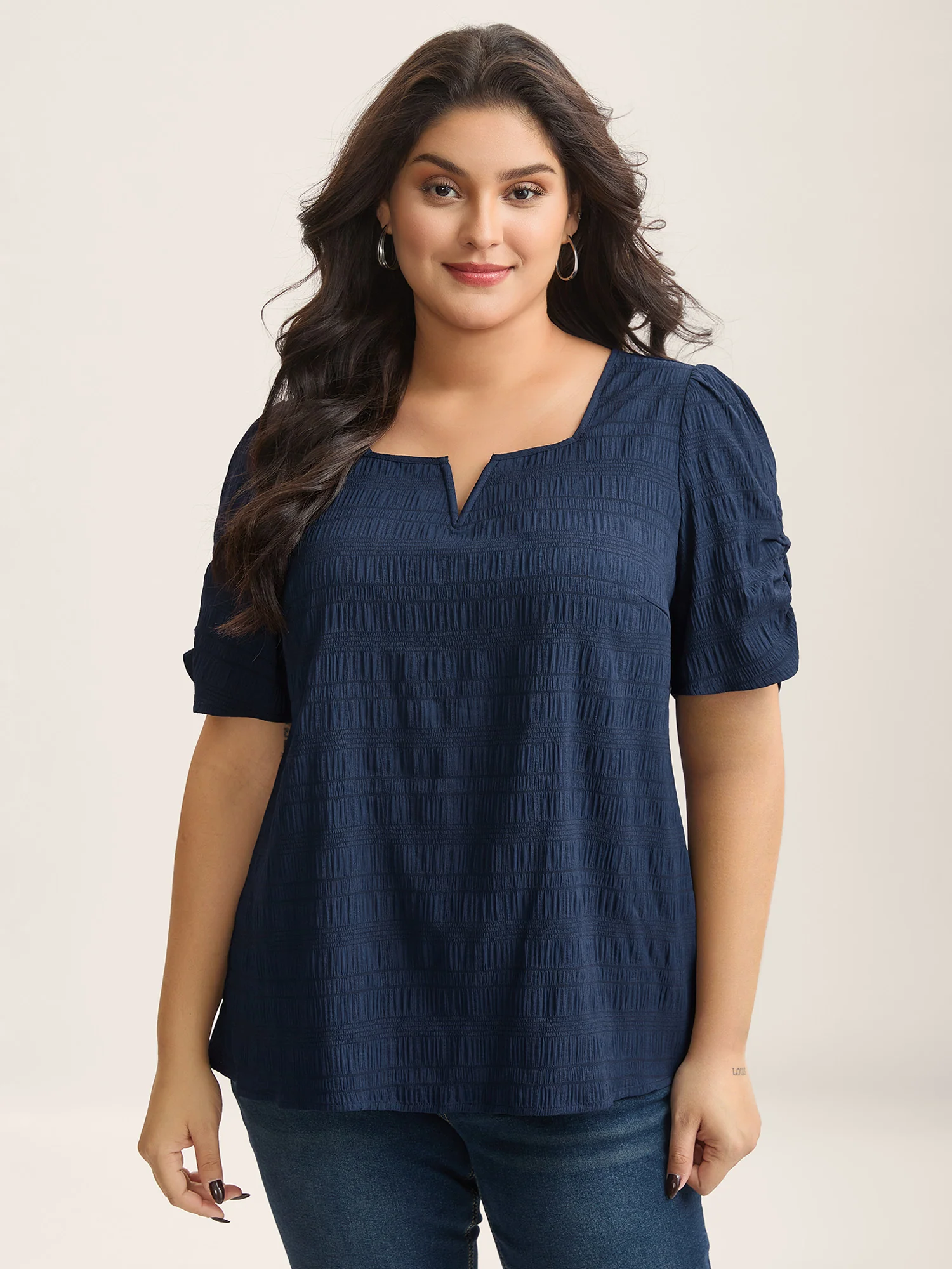 Textured Gathered Sleeve Split Neck Blouse - Image 9