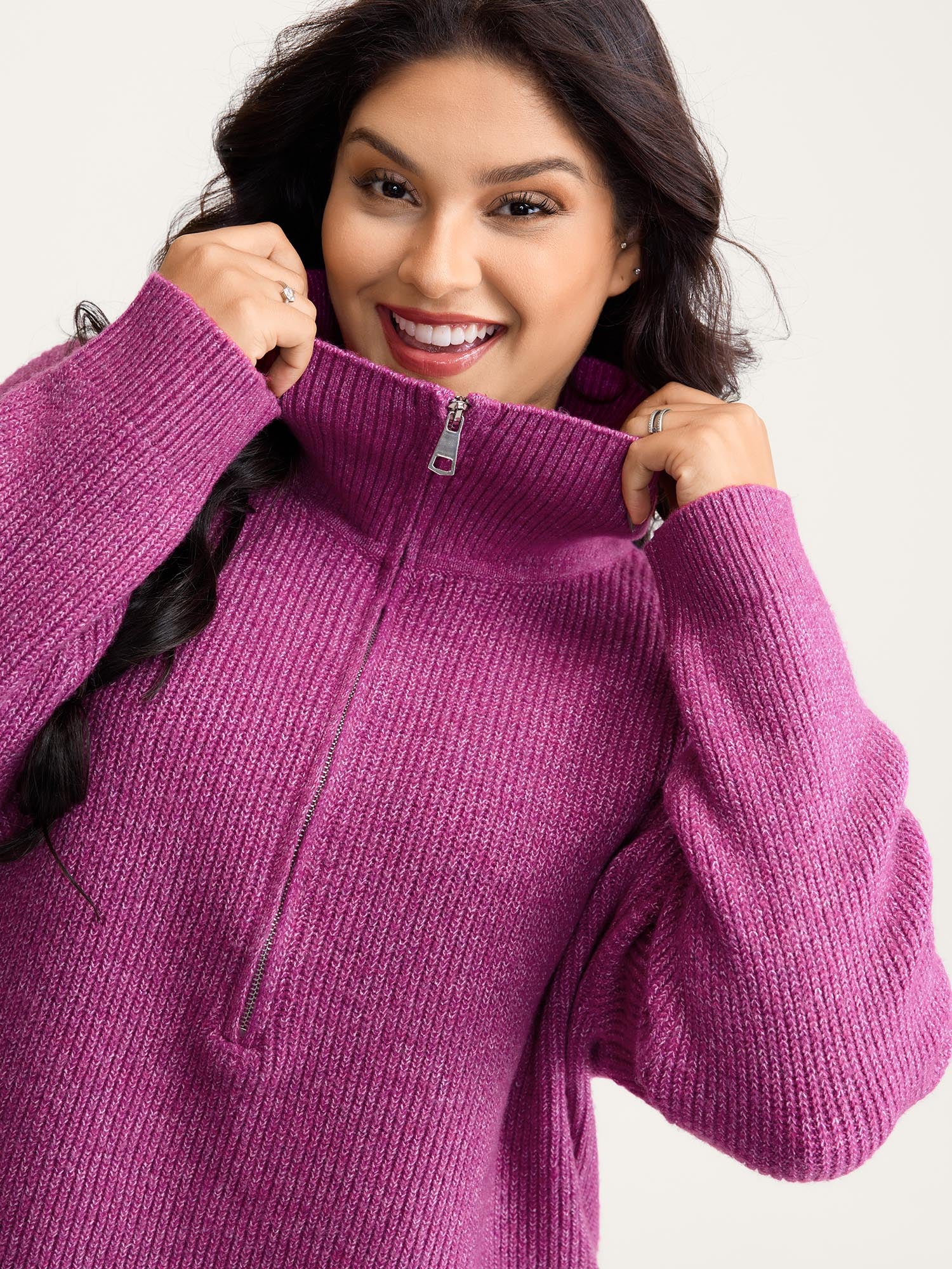 Textured Half Zipper Lapel Collar Pullover - Image 2