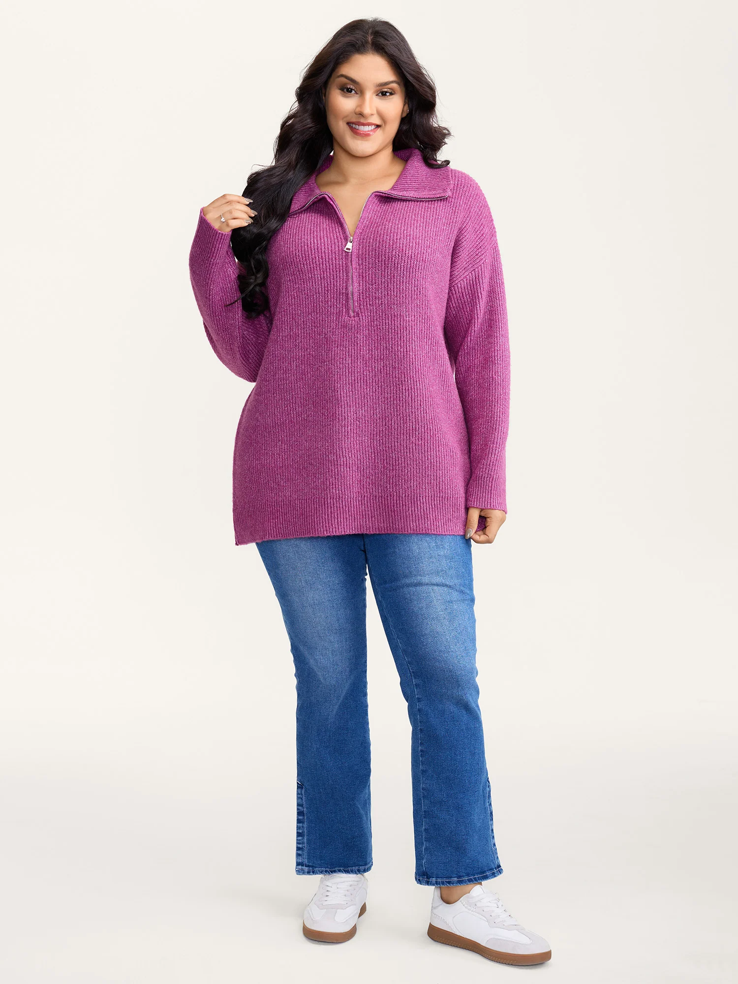 Textured Half Zipper Lapel Collar Pullover - Image 3