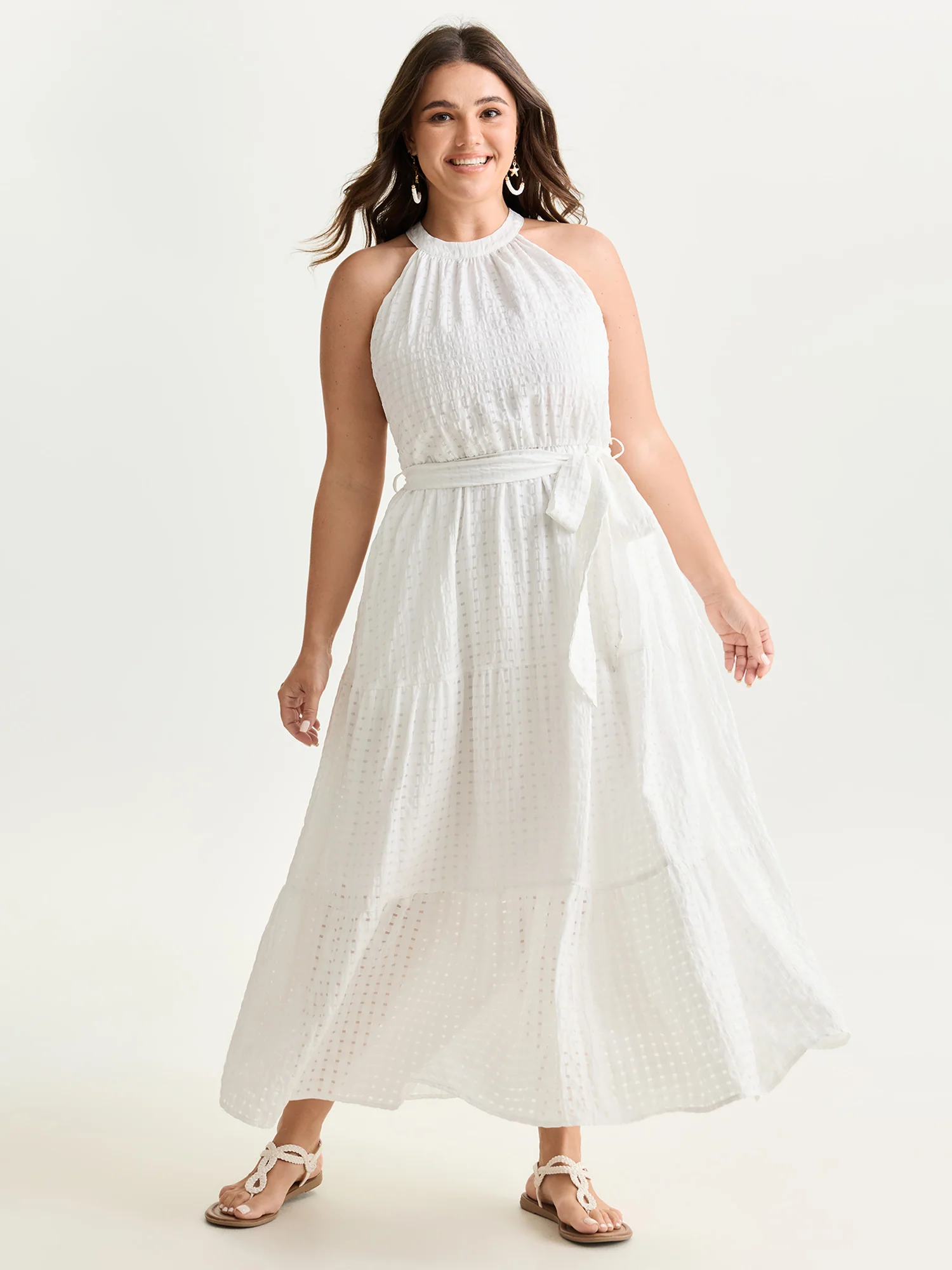 Textured Halter Neckline Tiered Midi Dress