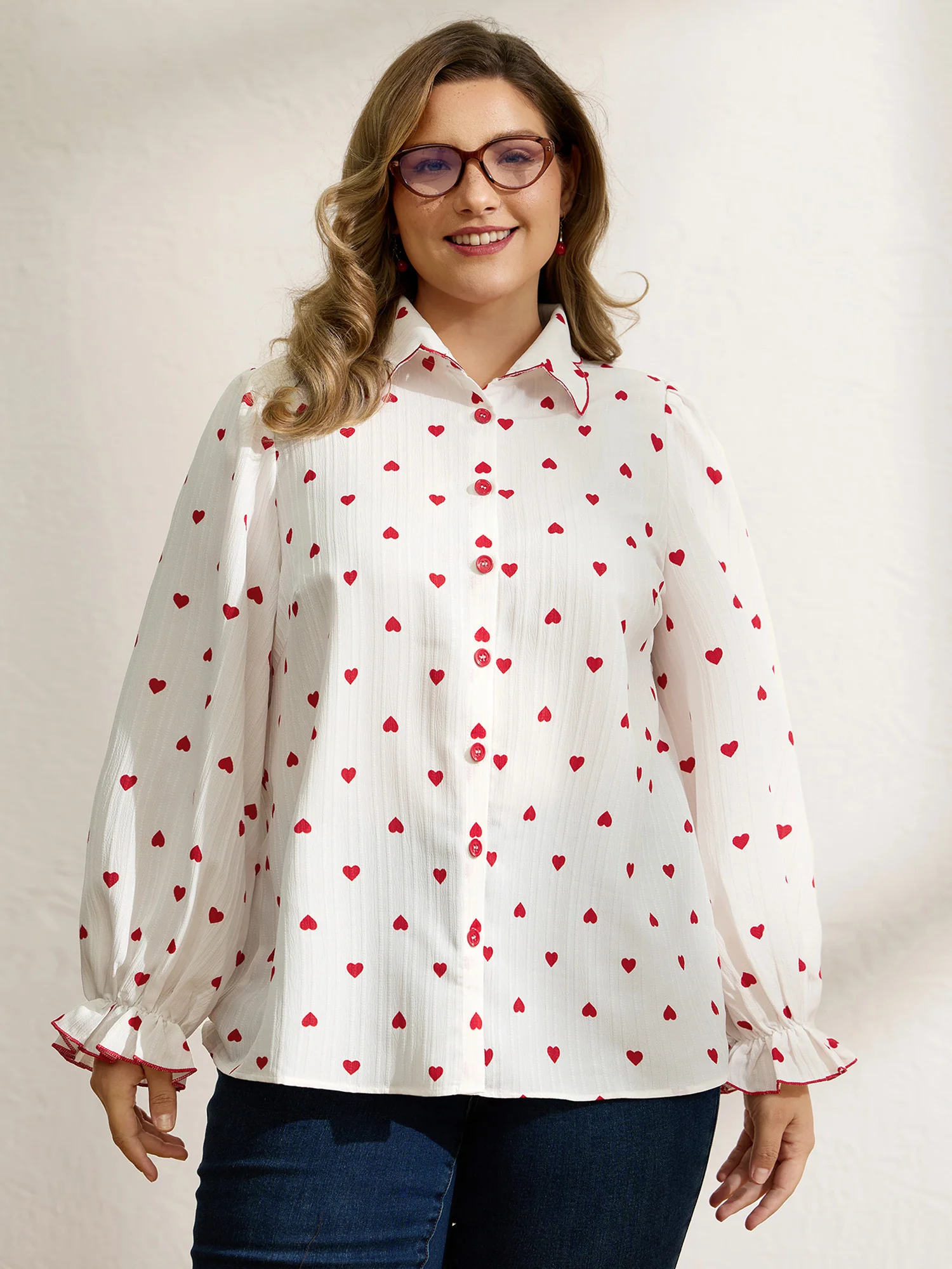Textured Heart Embroidered Collar Blouse