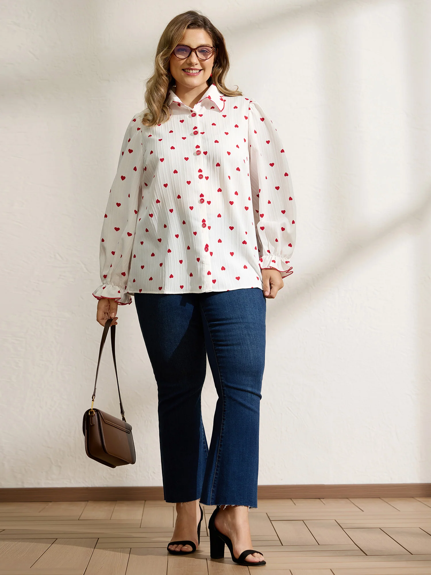 Textured Heart Embroidered Collar Blouse - Image 2