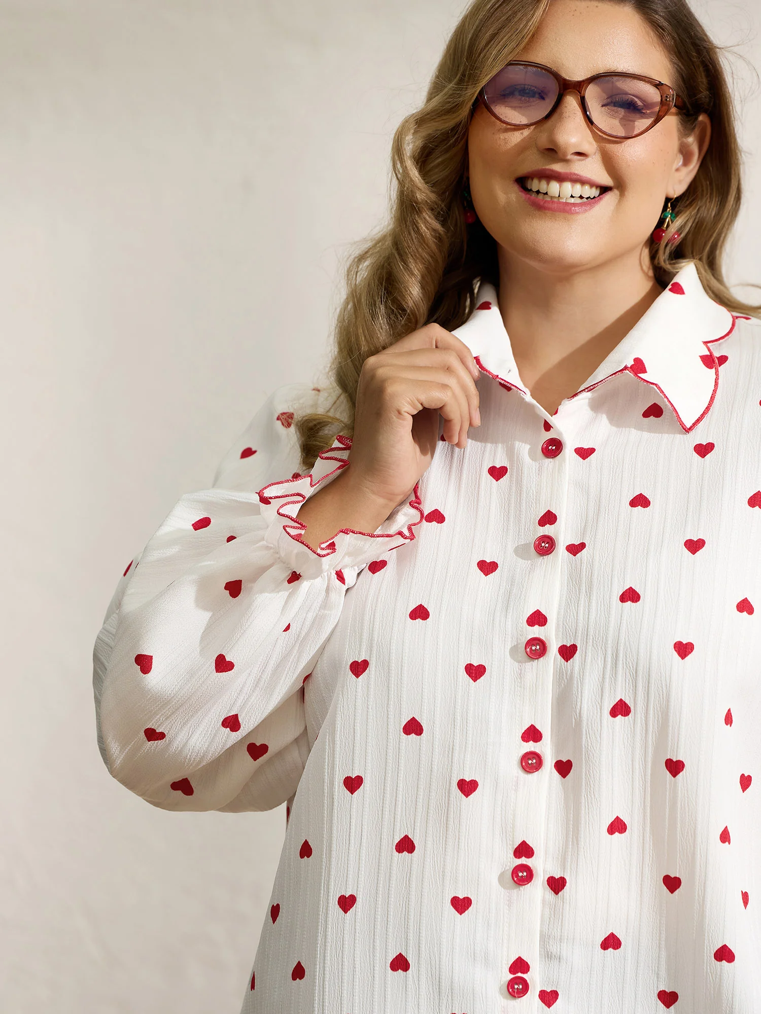 Textured Heart Embroidered Collar Blouse - Image 3
