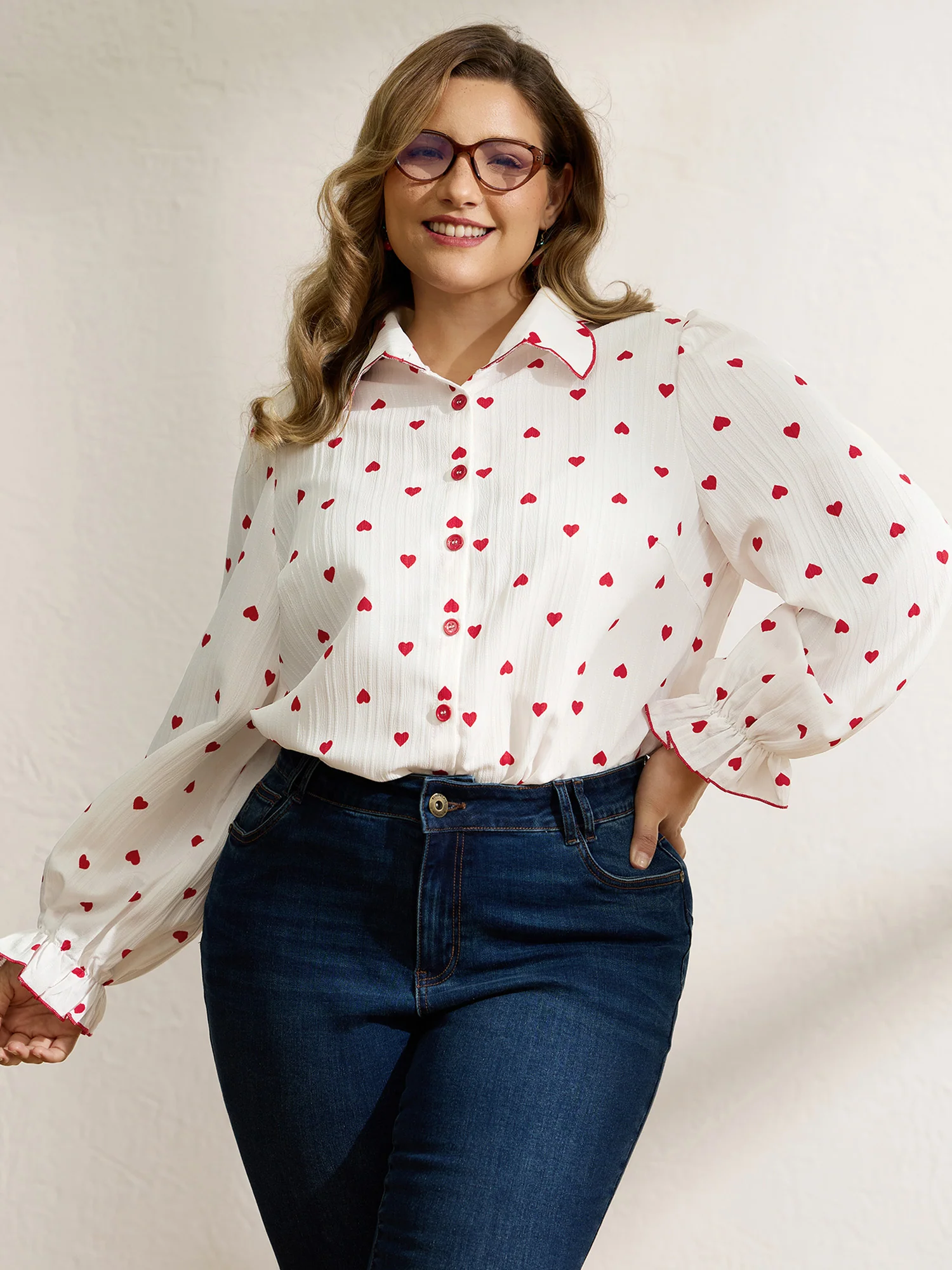 Textured Heart Embroidered Collar Blouse - Image 4