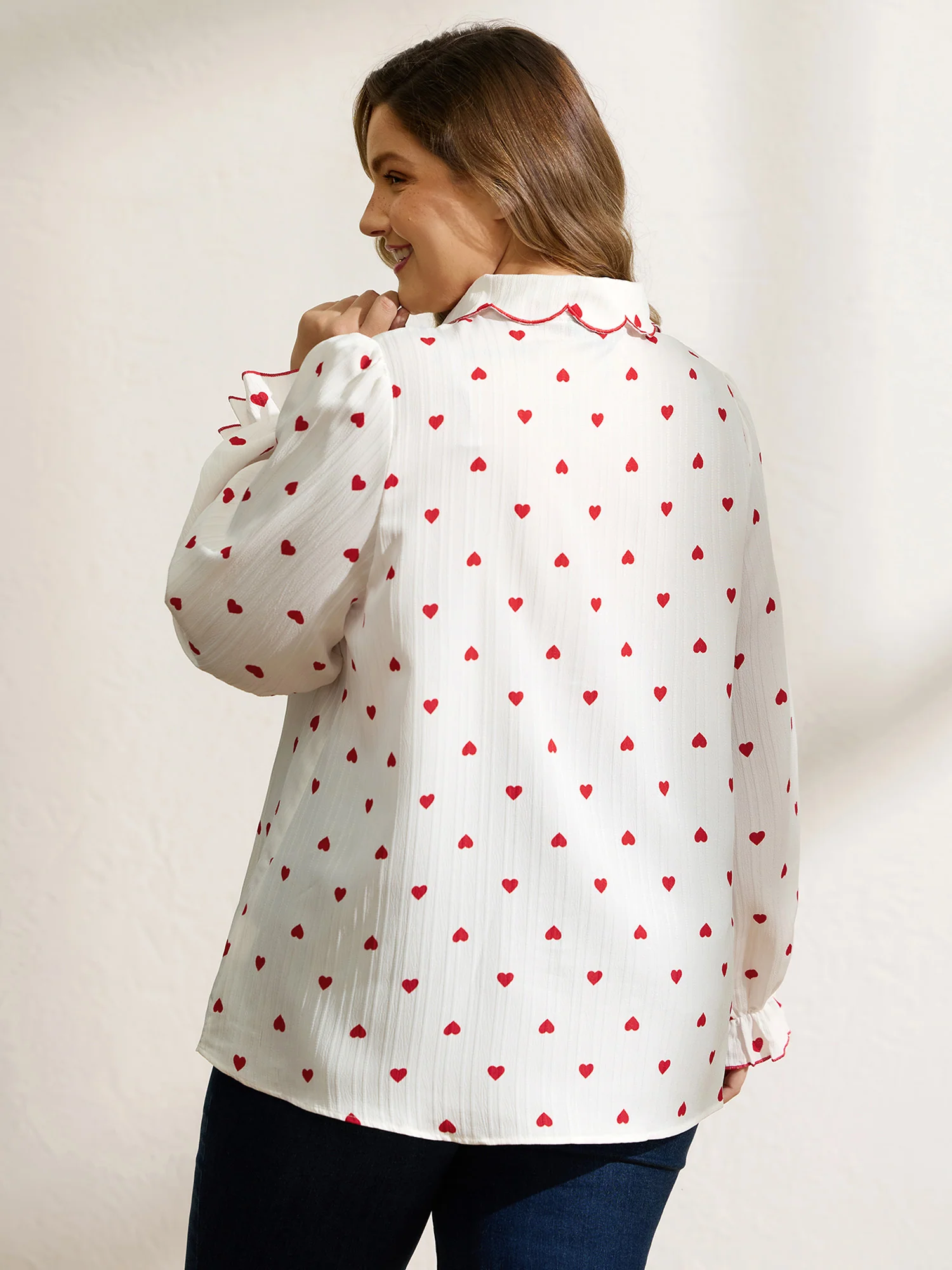 Textured Heart Embroidered Collar Blouse - Image 5