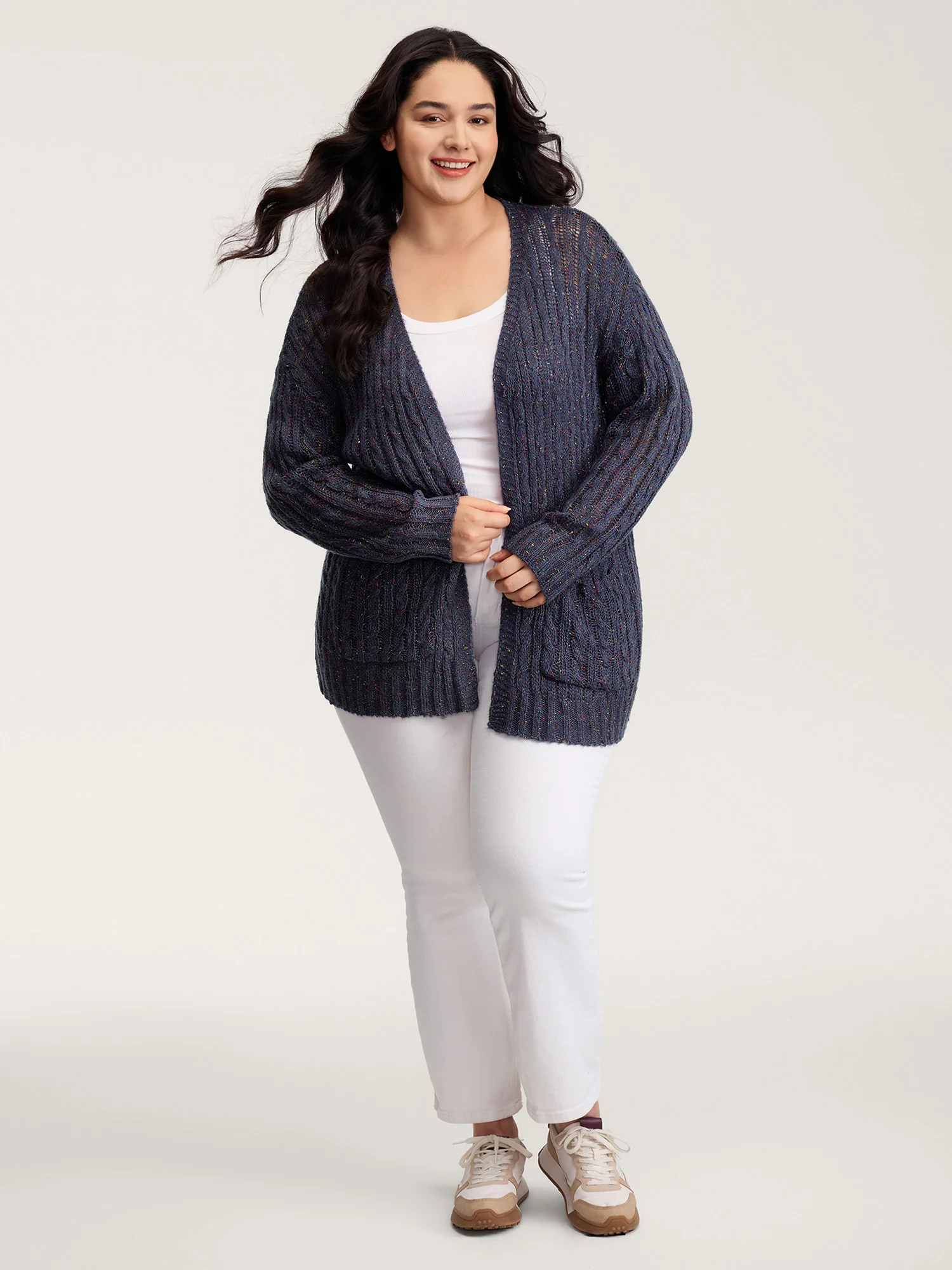 Textured Heather Pockets Open-Front Cardigan - Image 3
