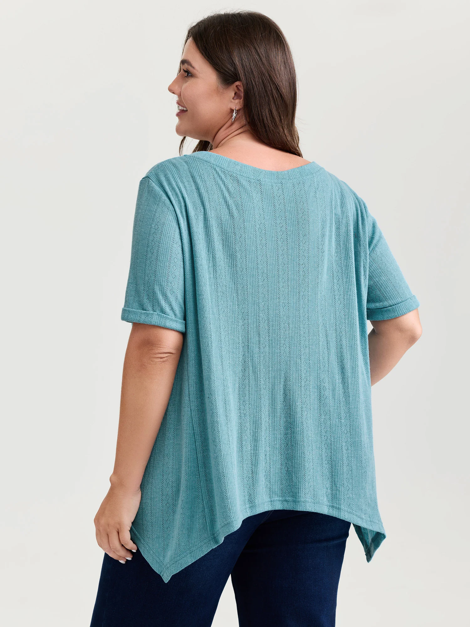 Textured High Low Hem V-Neck T-Shirt - Image 4