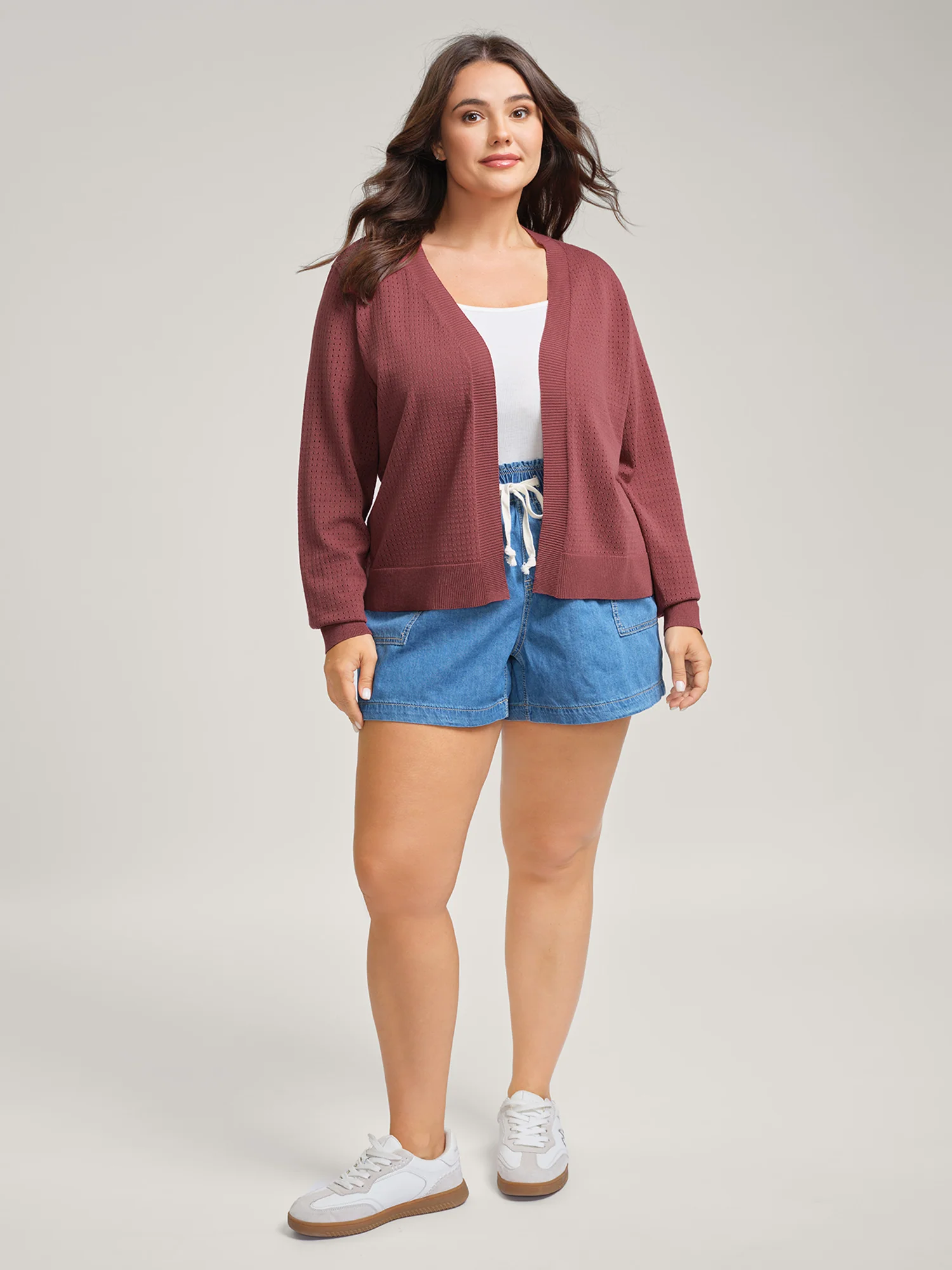 Textured Hollow Front-Open Knit Cardigan - Image 2