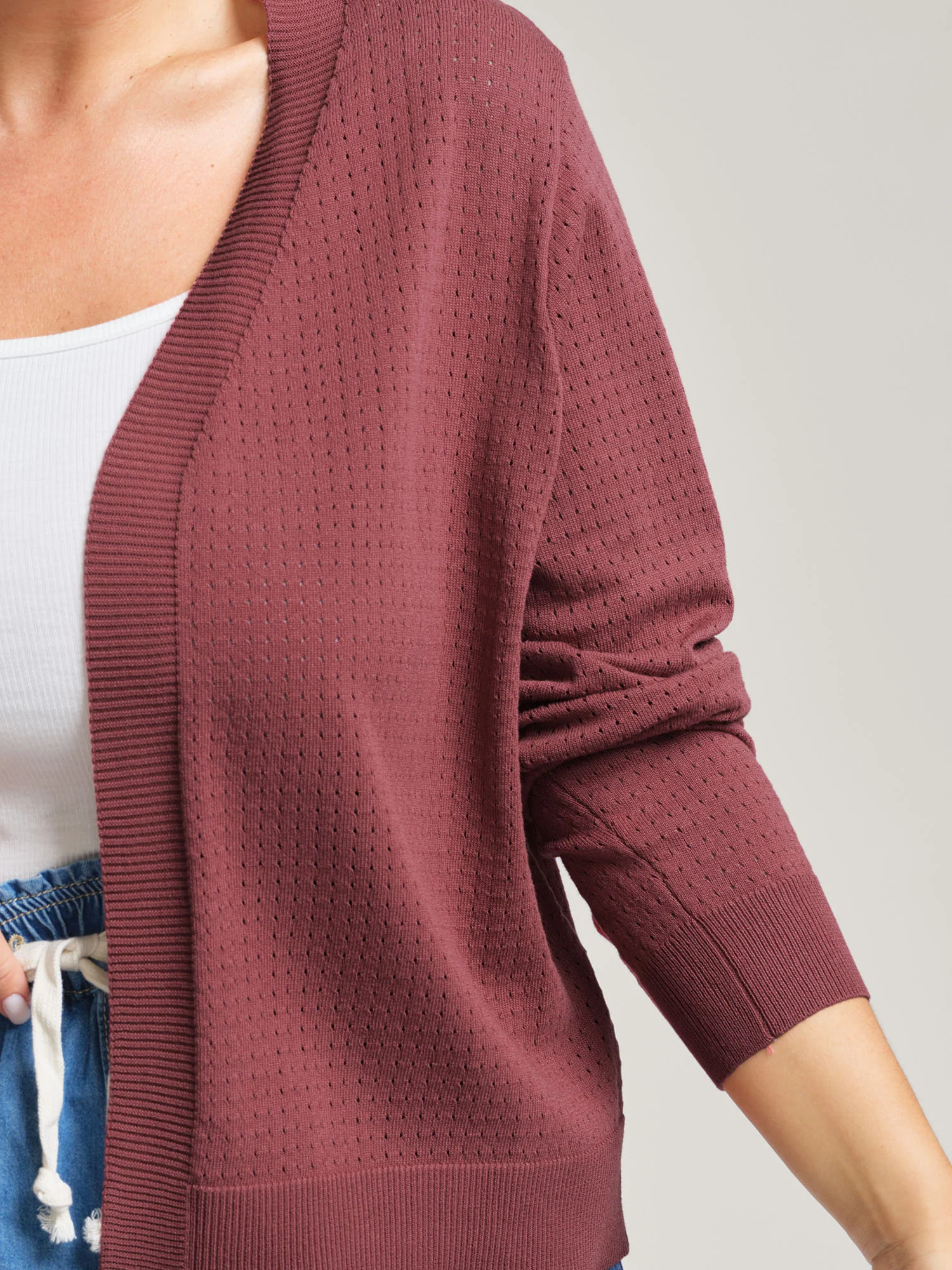 Textured Hollow Front-Open Knit Cardigan - Image 3